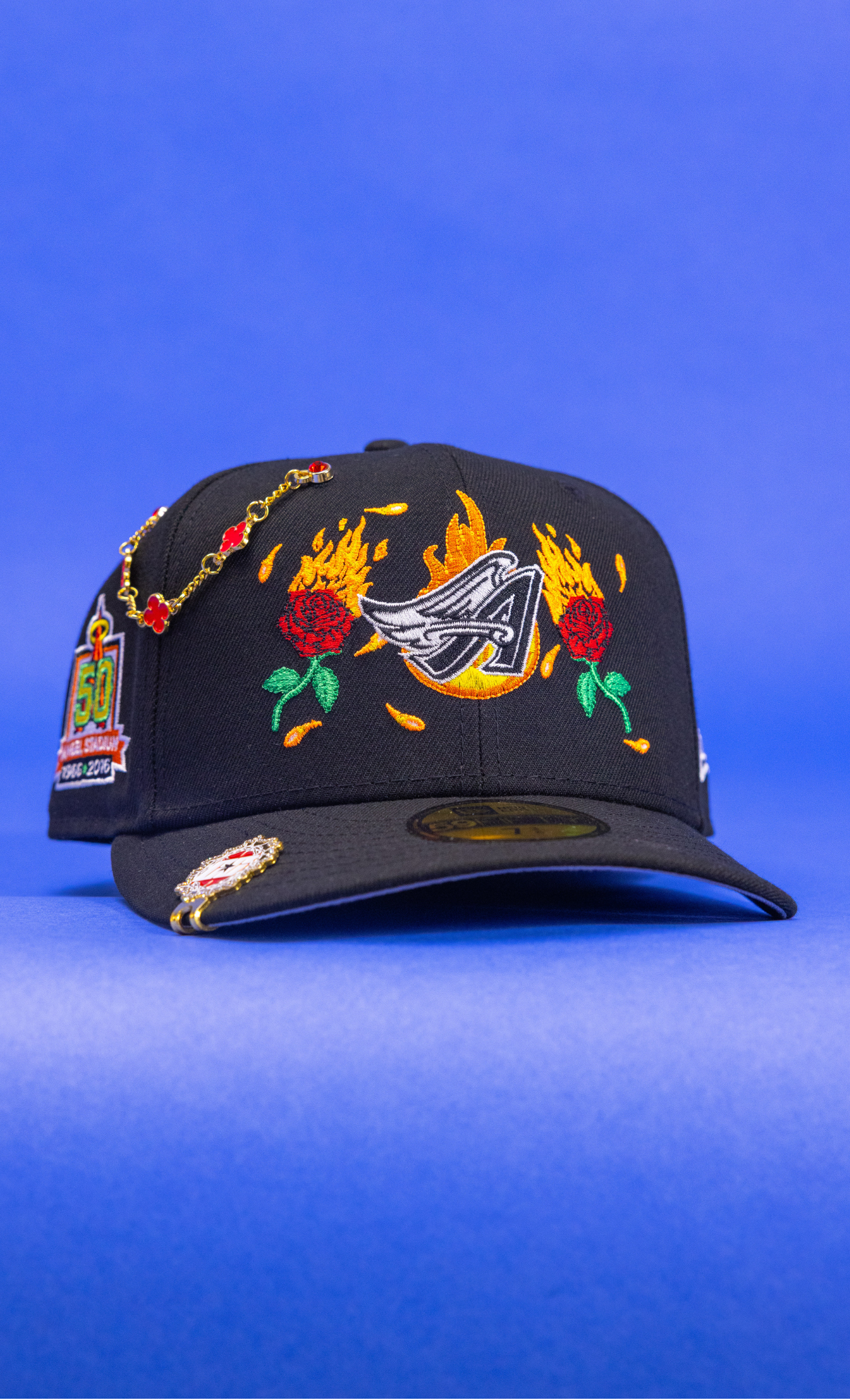 New Era Exclusive 59Fifty Black Anaheim Angels W/ Burnt Roses + 50th Anniversary Side Patch