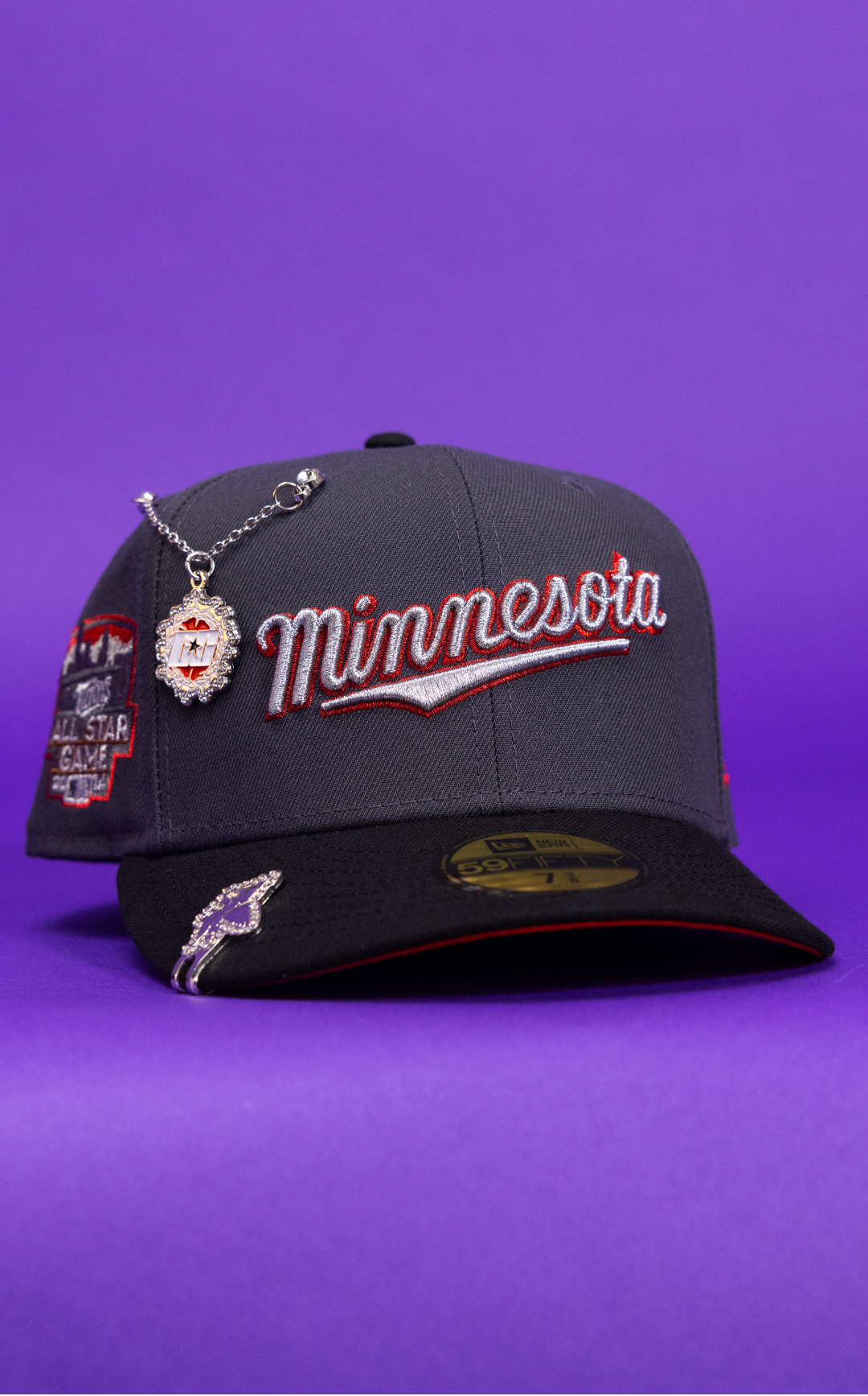 New Era Exclusive 59Fifty Grey/Black Minnesota Twins Script W/ All Star Game Side Patch