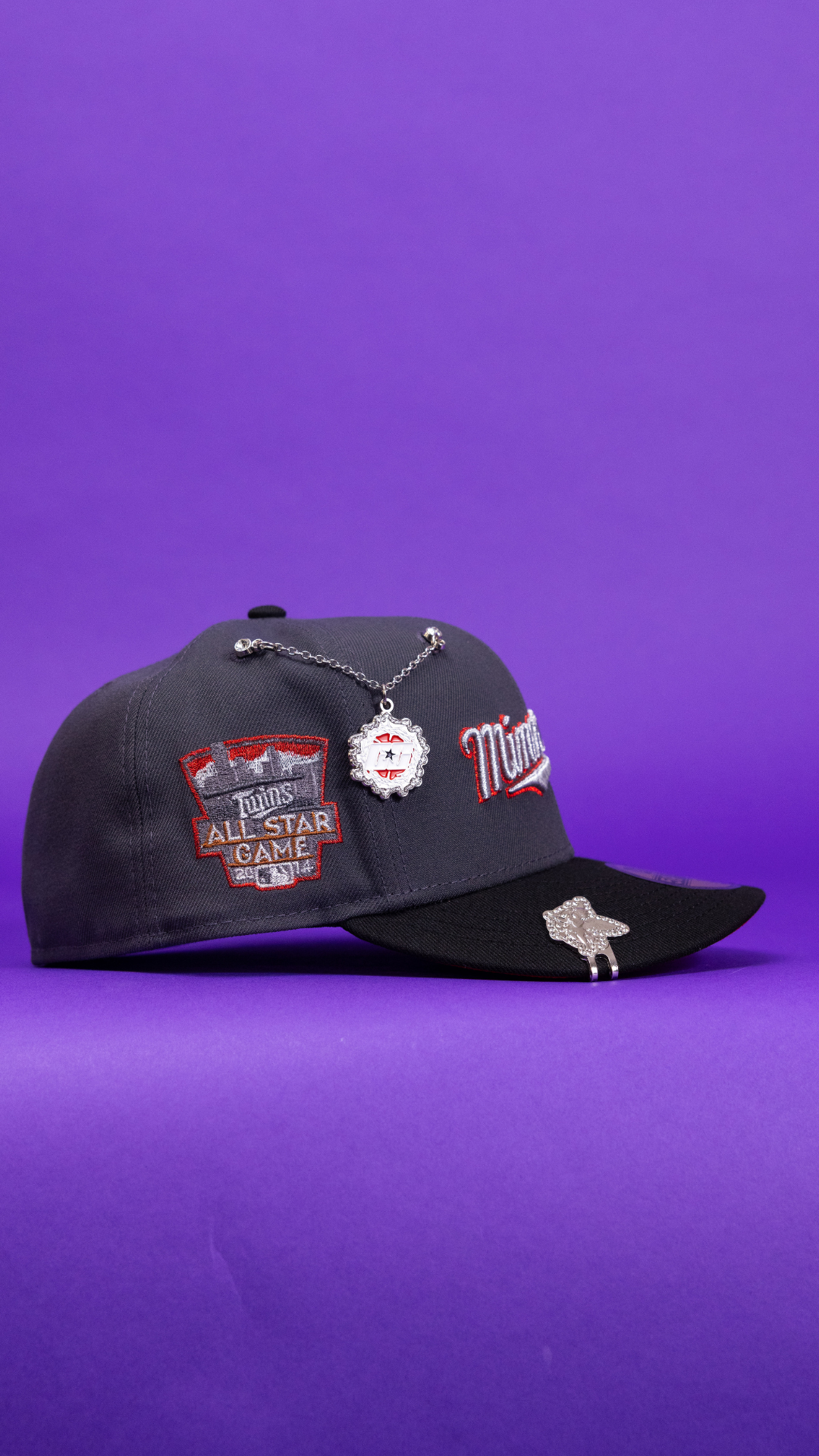 New Era Exclusive 59Fifty Grey/Black Minnesota Twins Script W/ All Star Game Side Patch
