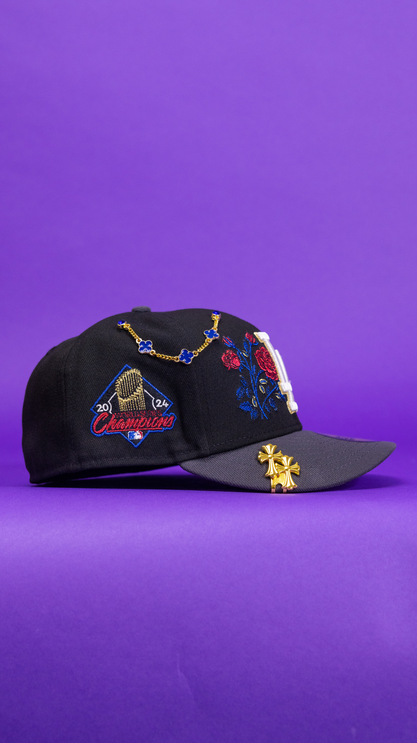 New Era Exclusive 59Fifty Black/Grey Los Angeles Dodgers W/ Blooming Rose + 2024 Champions Side Patch