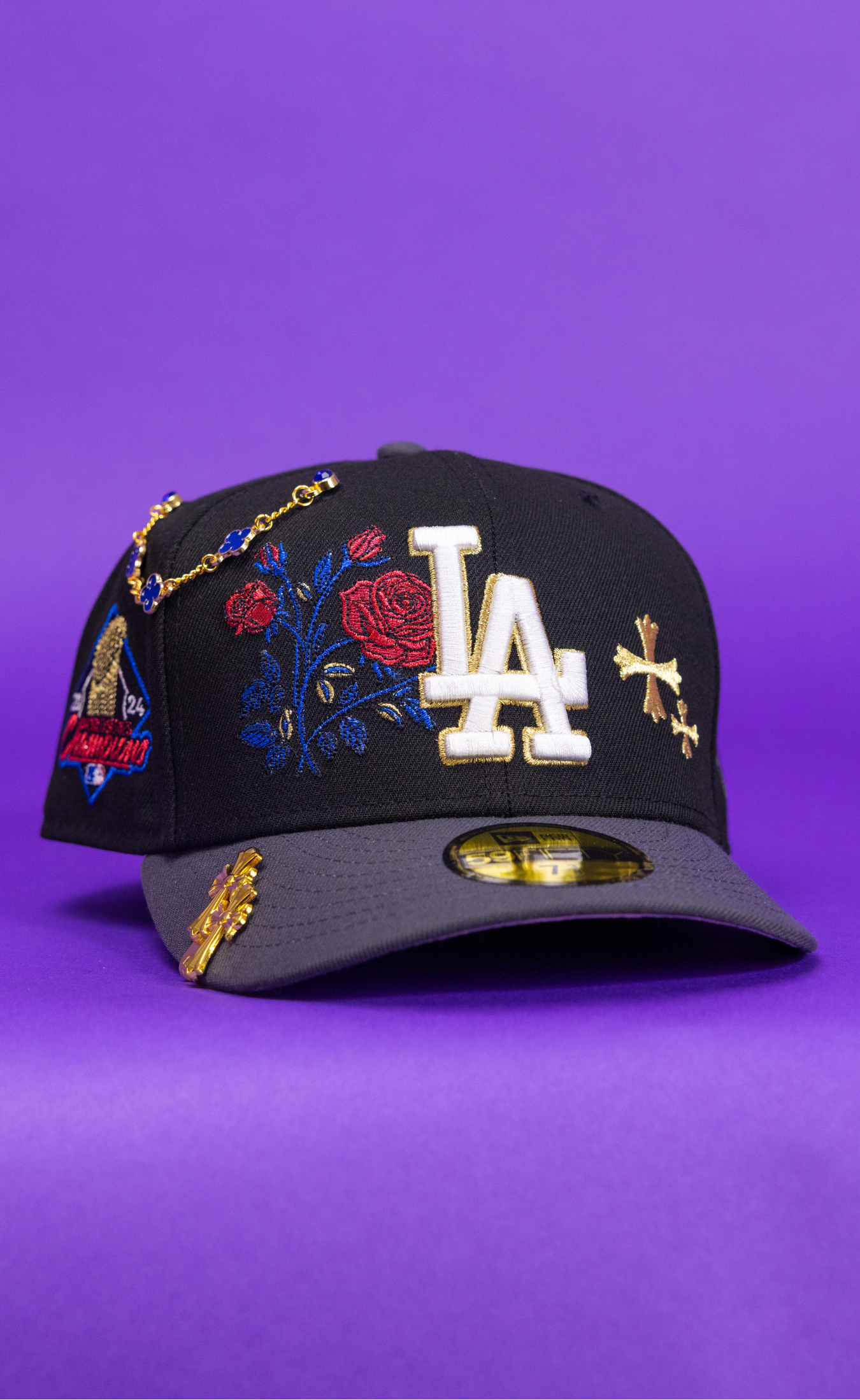 New Era Exclusive 59Fifty Black/Grey Los Angeles Dodgers W/ Blooming Rose + 2024 Champions Side Patch
