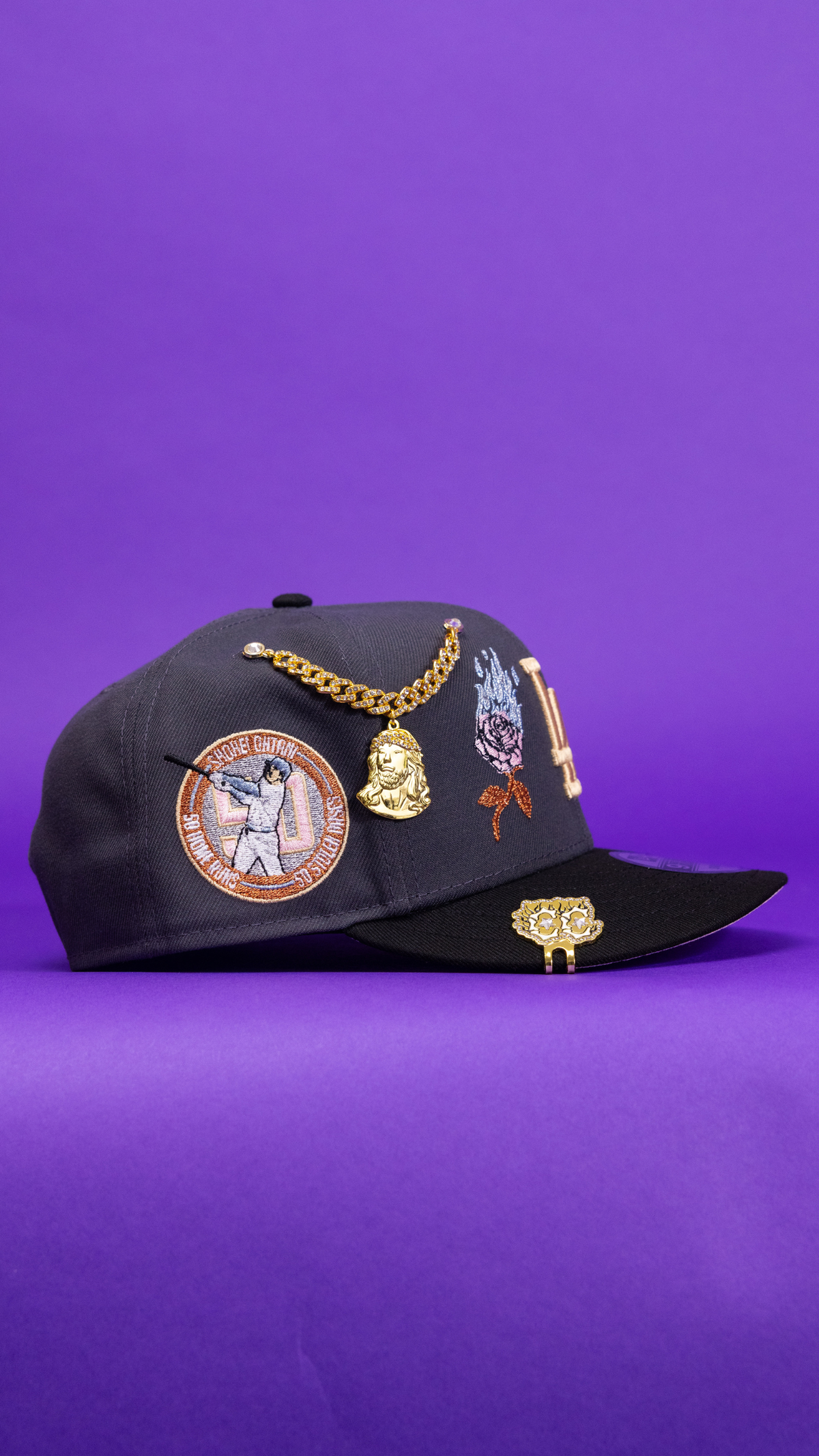 New Era Exclusive 9Fifty Grey/Black Los Angeles Dodgers Snapback W/ Burnt Roses + Shohei Ohtani Side Patch