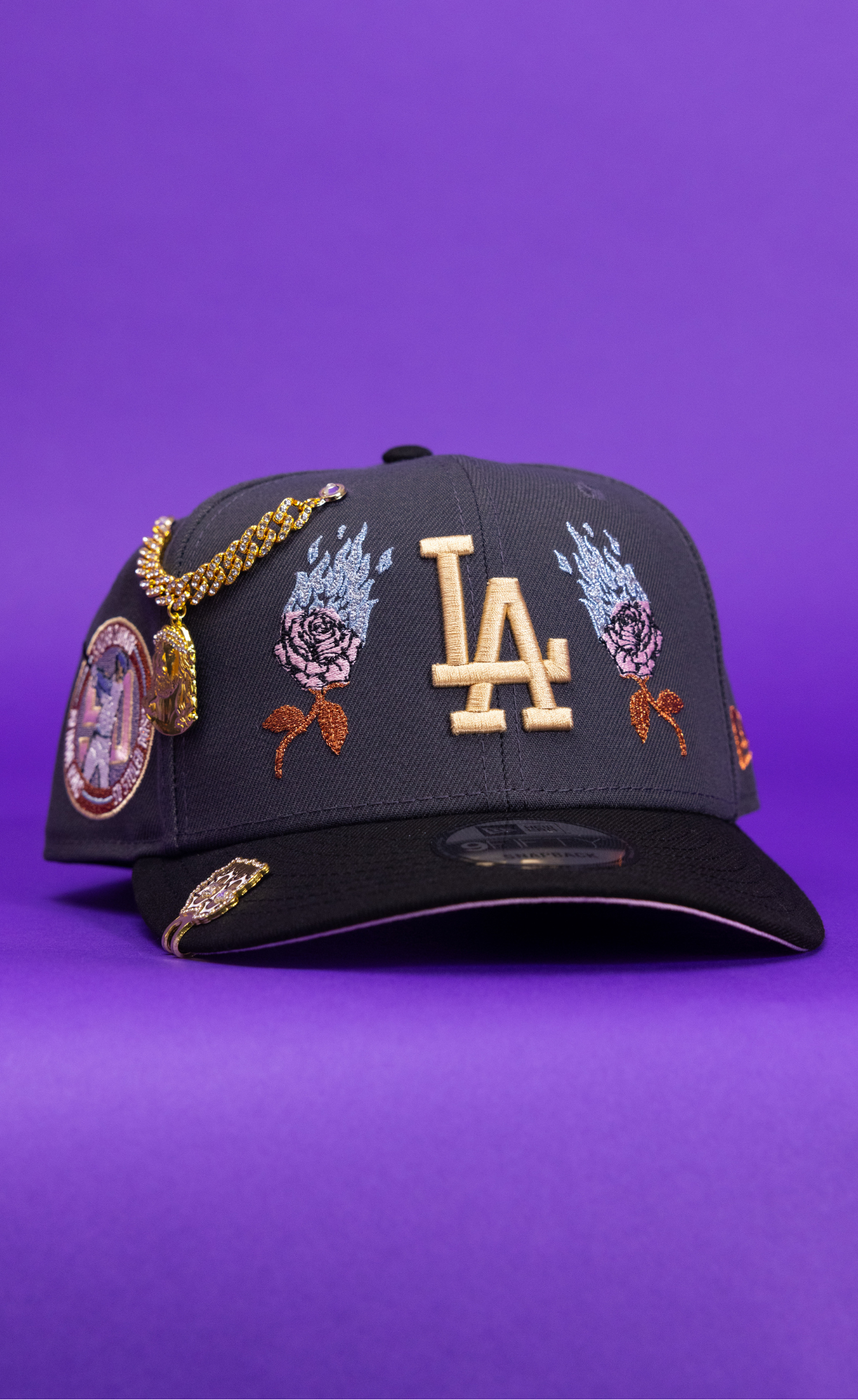 New Era Exclusive 9Fifty Grey/Black Los Angeles Dodgers Snapback W/ Burnt Roses + Shohei Ohtani Side Patch