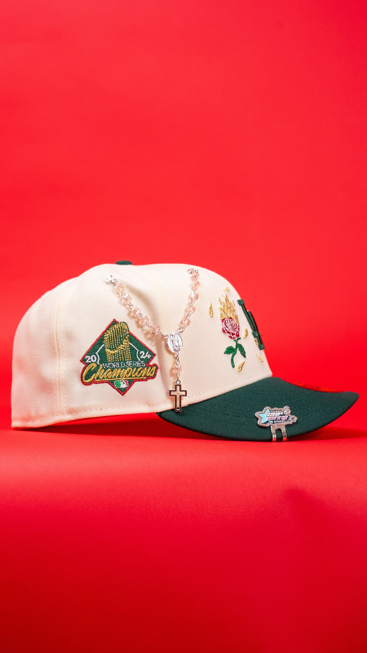 New Era Exclusive 59Fifty Chrome/Forest Green Los Angeles Dodgers W/ Burnt Roses + World Series Champions Side Patch