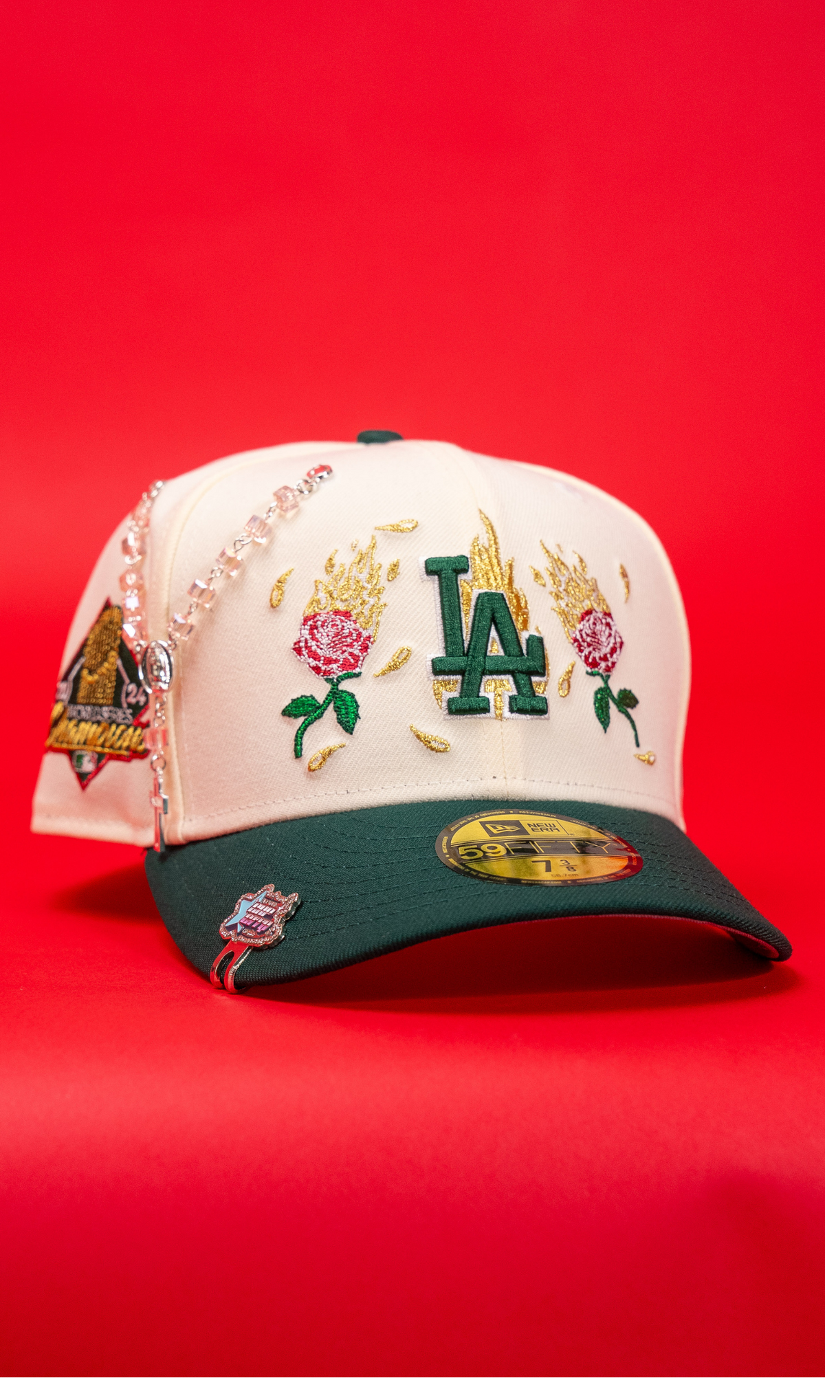 New Era Exclusive 59Fifty Chrome/Forest Green Los Angeles Dodgers W/ Burnt Roses + World Series Champions Side Patch