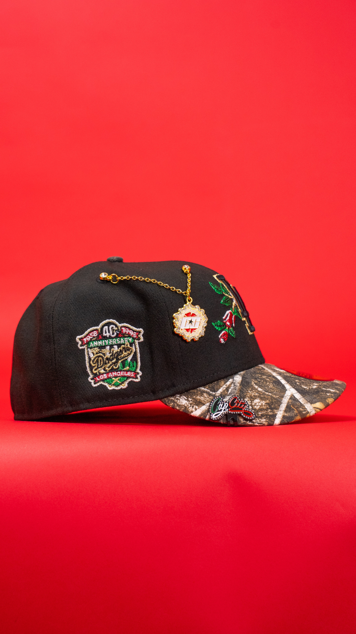 New Era Exclusive 59Fifty Black/Realtree Los Angeles Dodgers W/ Red Rose + 40th Anniversary Side Patch