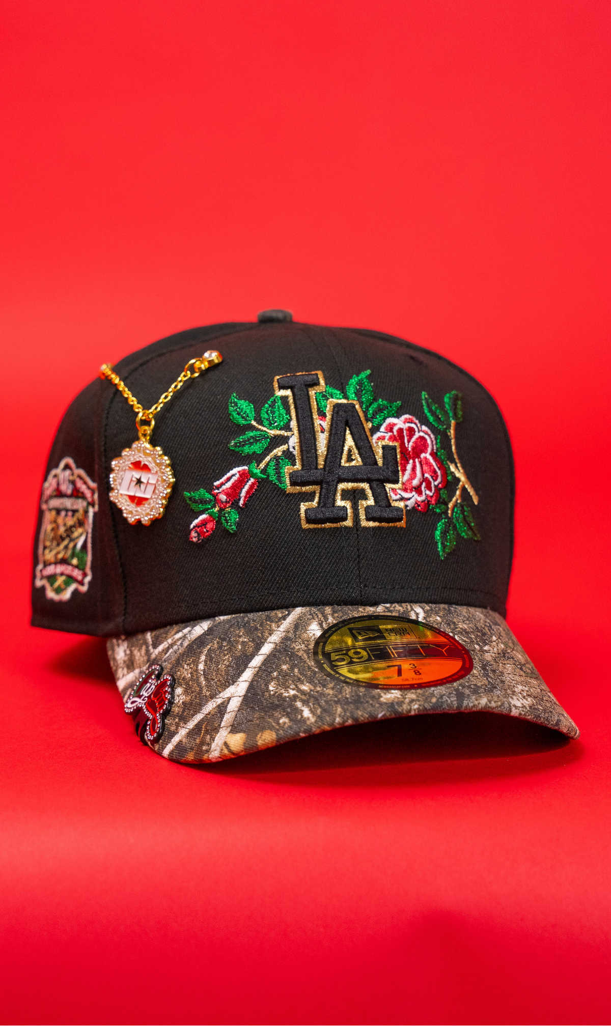 New Era Exclusive 59Fifty Black/Realtree Los Angeles Dodgers W/ Red Rose + 40th Anniversary Side Patch