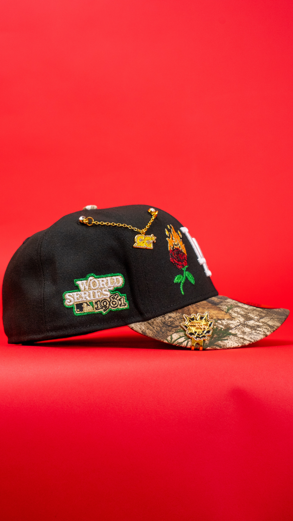 New Era Exclusive 59Fifty Black/Realtree Los Angeles Dodgers W/ Burnt Roses + 1981 World Series Side Patch