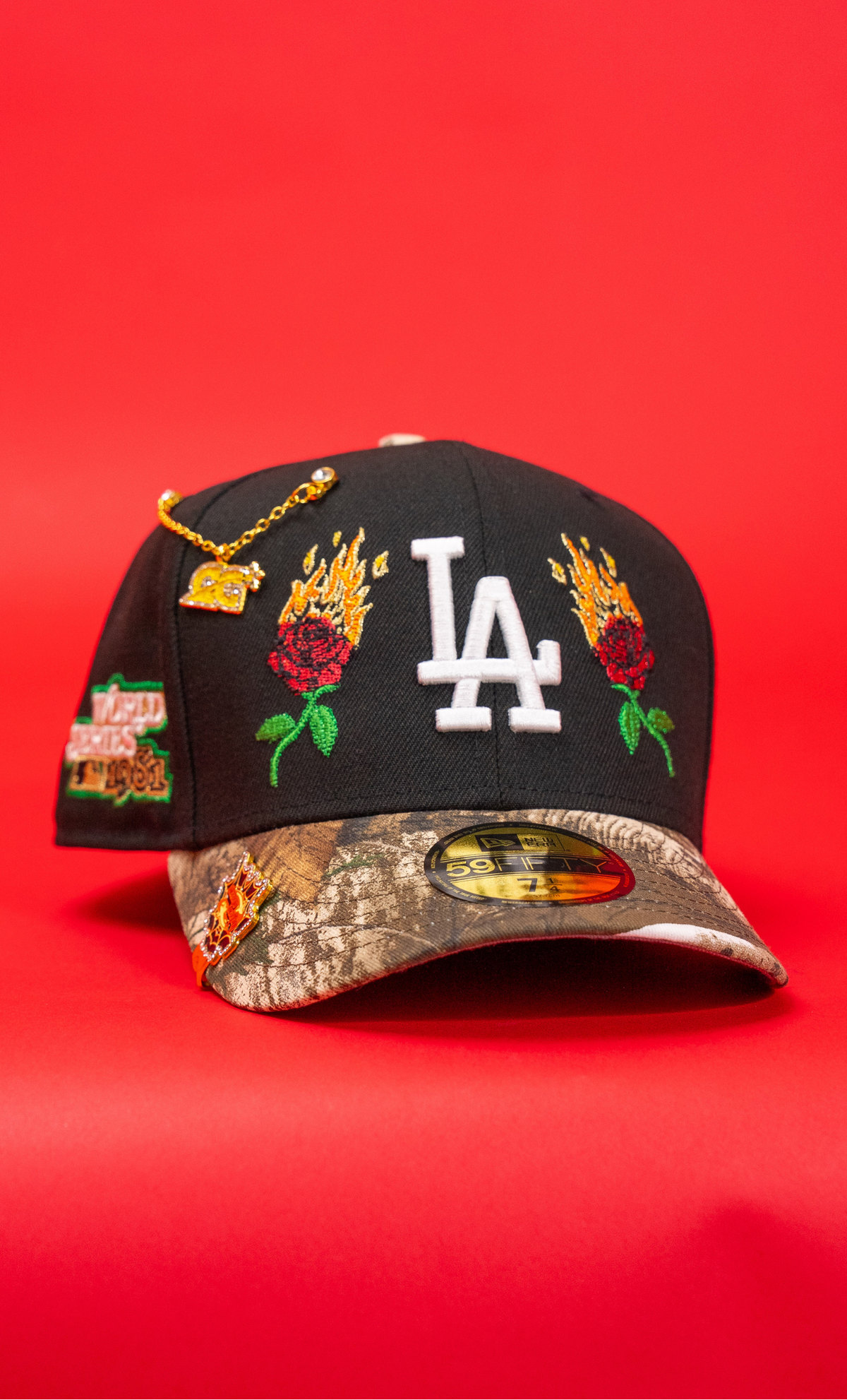 New Era Exclusive 59Fifty Black/Realtree Los Angeles Dodgers W/ Burnt Roses + 1981 World Series Side Patch