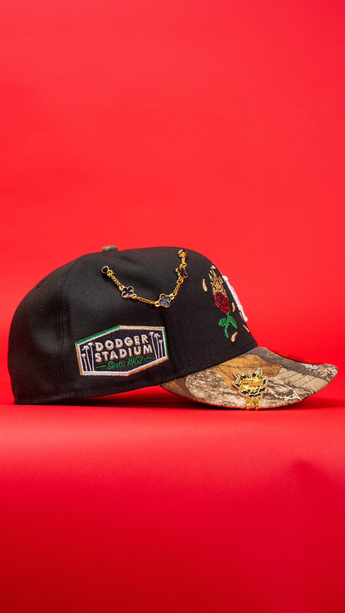 New Era Exclusive 59Fifty Black/Realtree Los Angeles Dodgers W/ Burnt Roses + Dodger Stadium Side Patch
