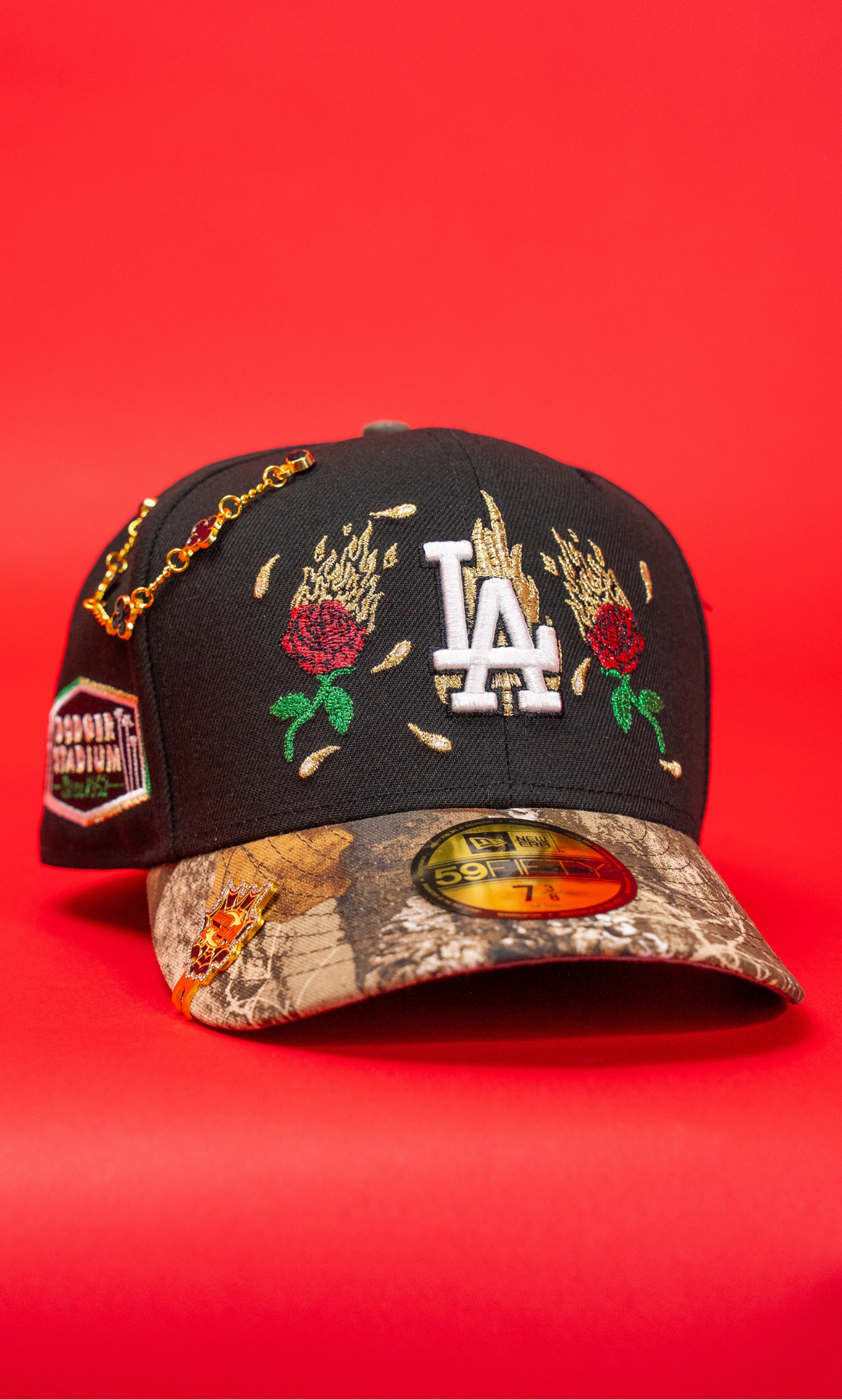 New Era Exclusive 59Fifty Black/Realtree Los Angeles Dodgers W/ Burnt Roses + Dodger Stadium Side Patch