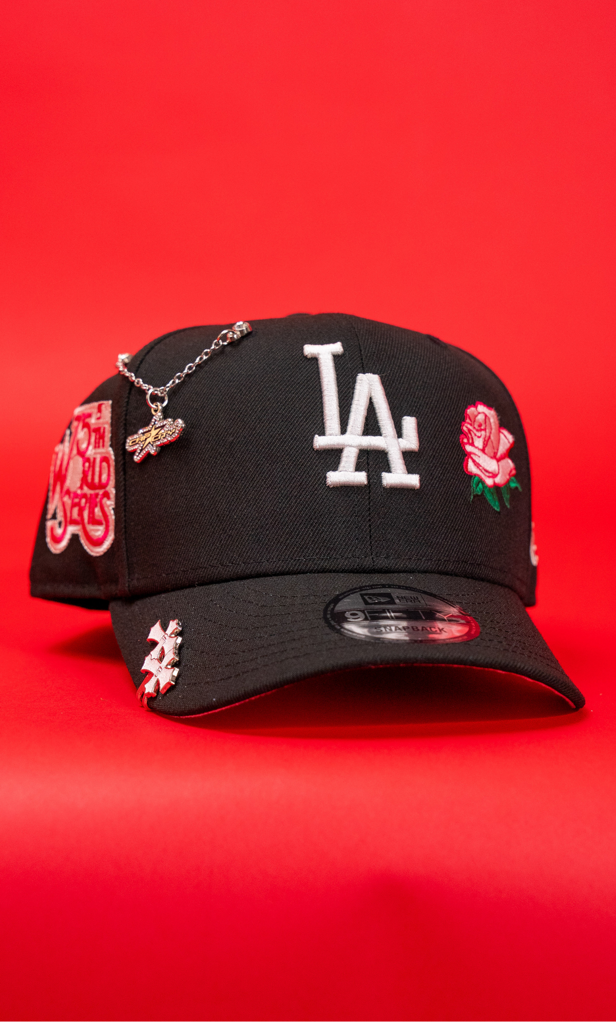 New Era Exclusive 9Fifty Black Los Angeles Dodgers Snapback W/ Rose + 75th World Series Side Patch