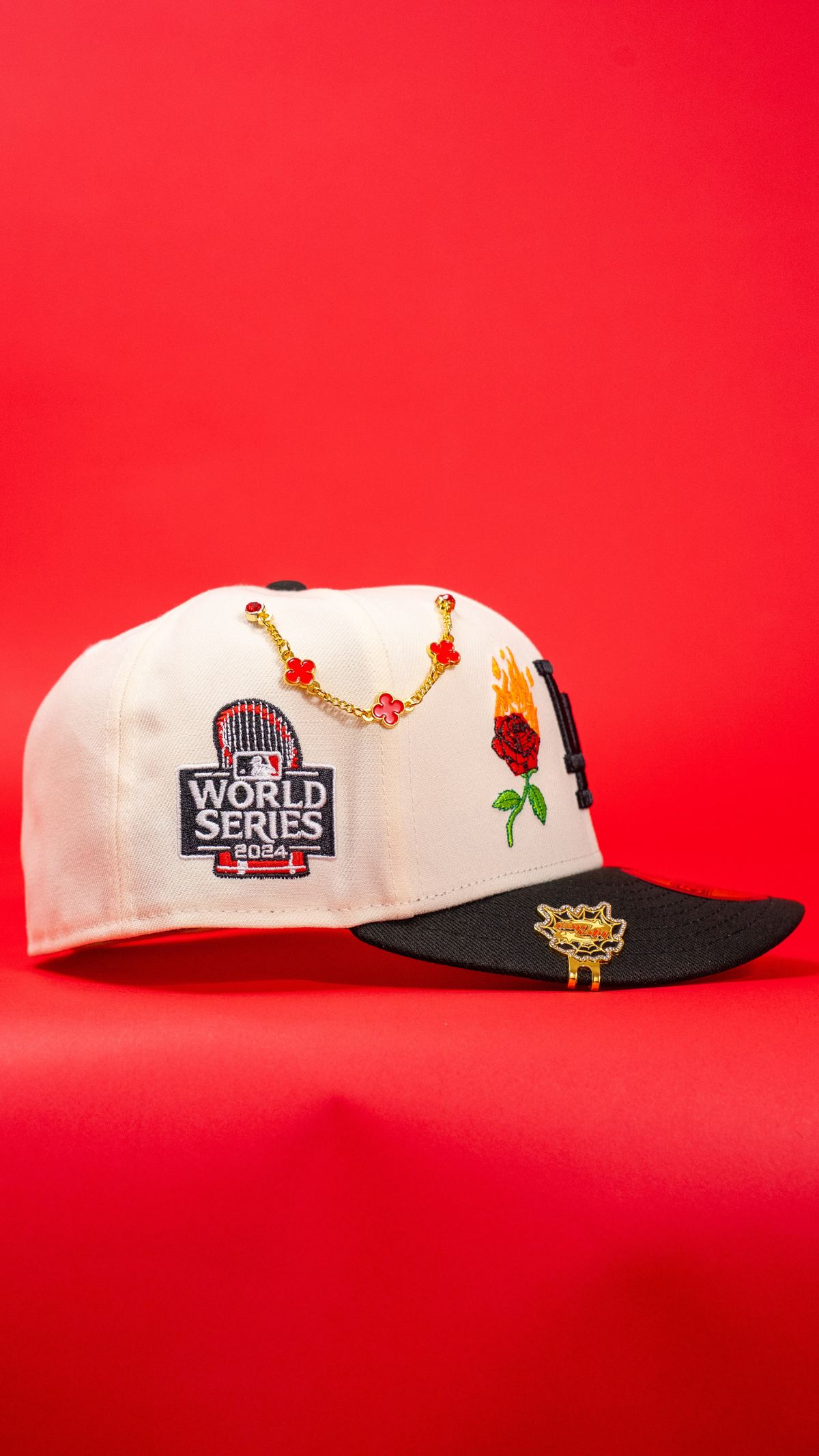 New Era Exclusive 59Fifty Chrome/Black Los Angeles Dodgers W/ Burnt Roses + 2024 World Series Side Patch