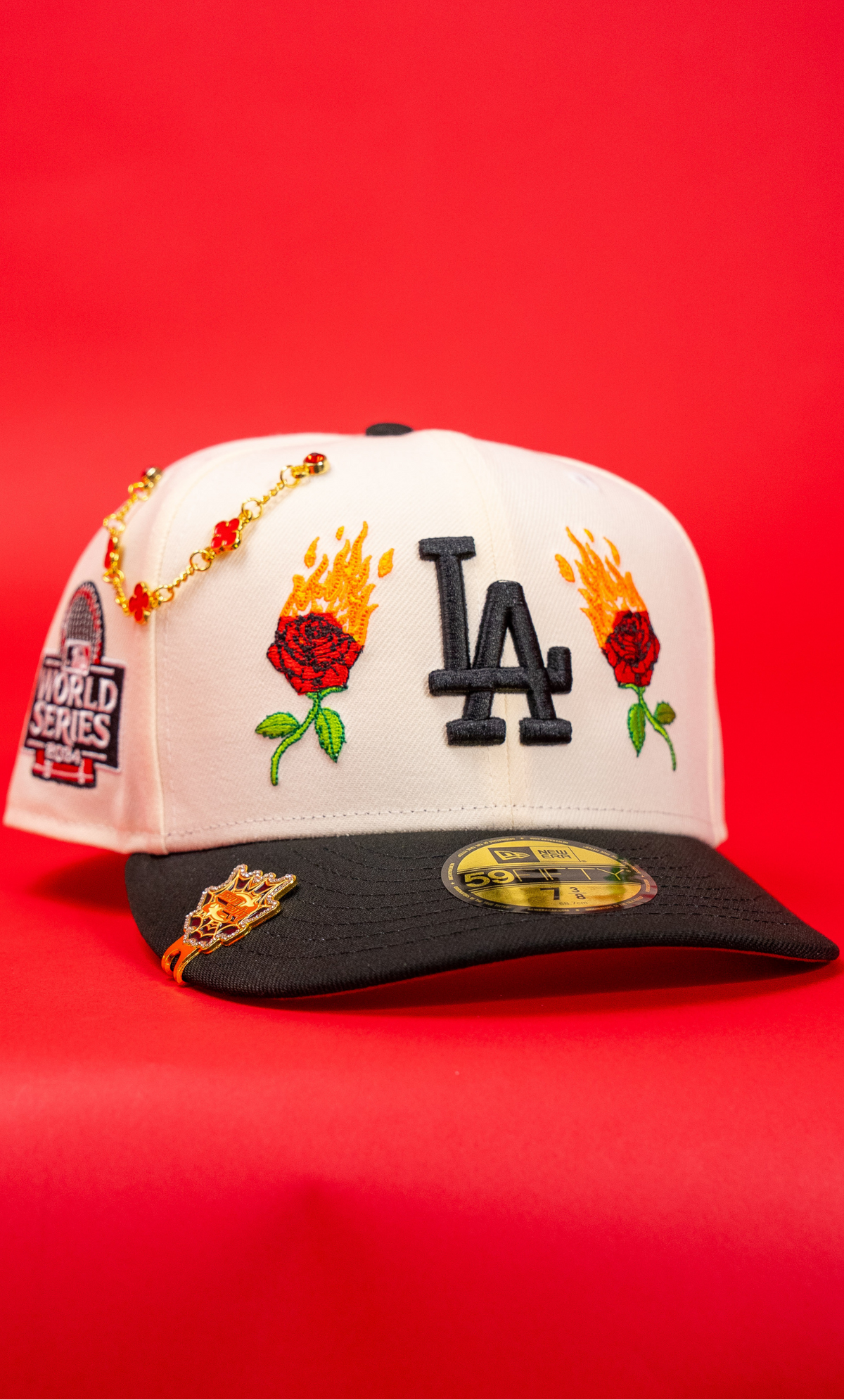 New Era Exclusive 59Fifty Chrome/Black Los Angeles Dodgers W/ Burnt Roses + 2024 World Series Side Patch