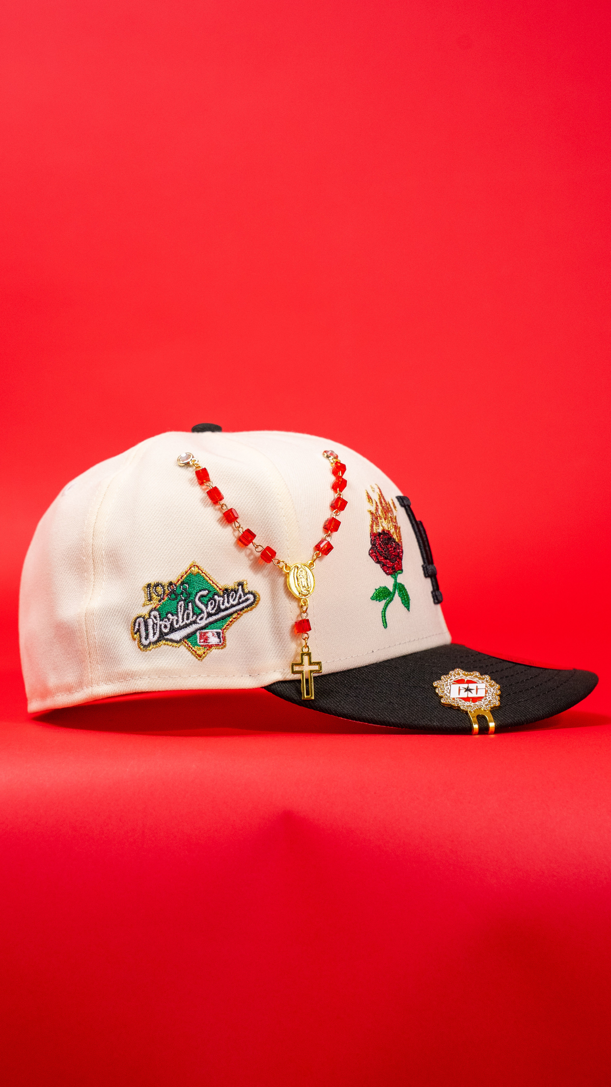New Era Exclusive 59Fifty Chrome/Black Los Angeles Dodgers W/ Burnt Roses + 1988 World Series Side Patch