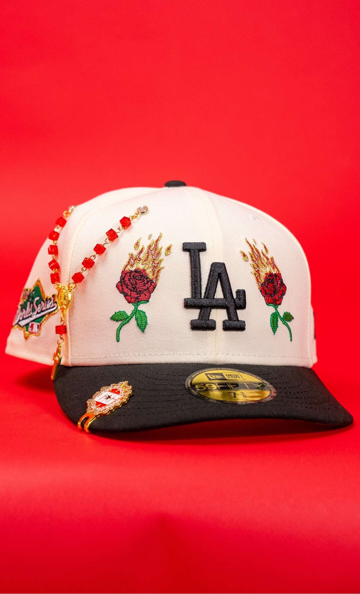 New Era Exclusive 59Fifty Chrome/Black Los Angeles Dodgers W/ Burnt Roses + 1988 World Series Side Patch
