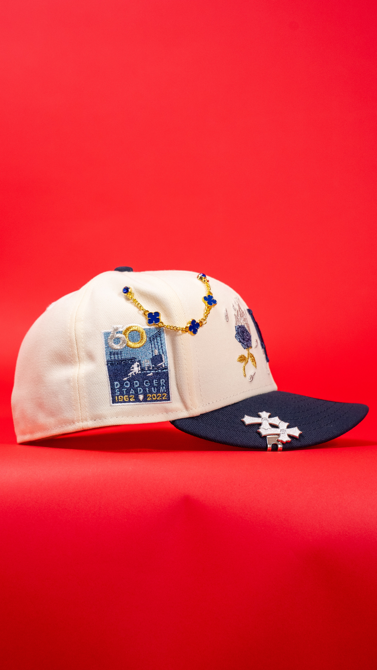 New Era Exclusive 59Fifty Chrome/Navy Los Angeles Dodgers W/ Burnt Roses + Dodger Stadium Side Patch