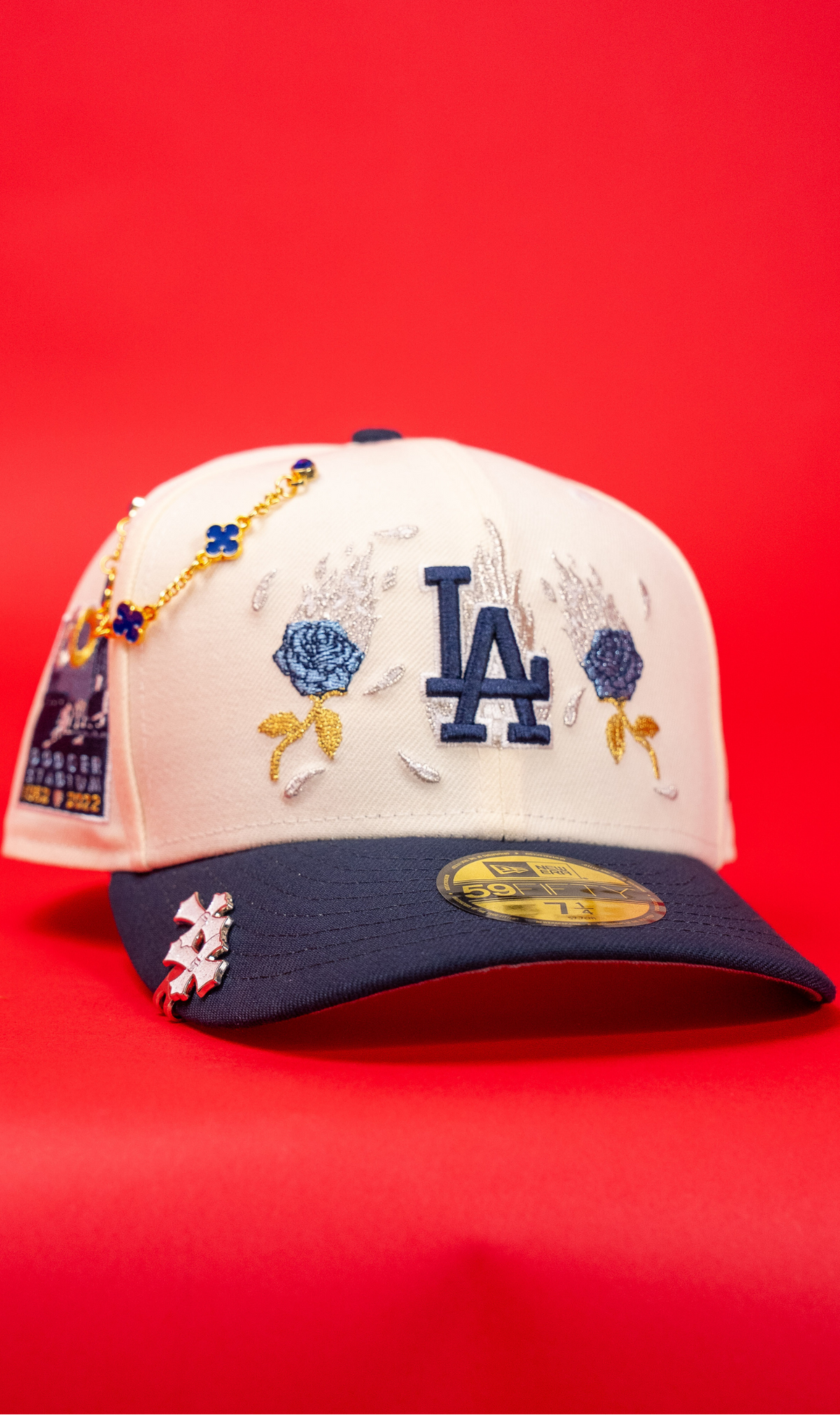 New Era Exclusive 59Fifty Chrome/Navy Los Angeles Dodgers W/ Burnt Roses + Dodger Stadium Side Patch