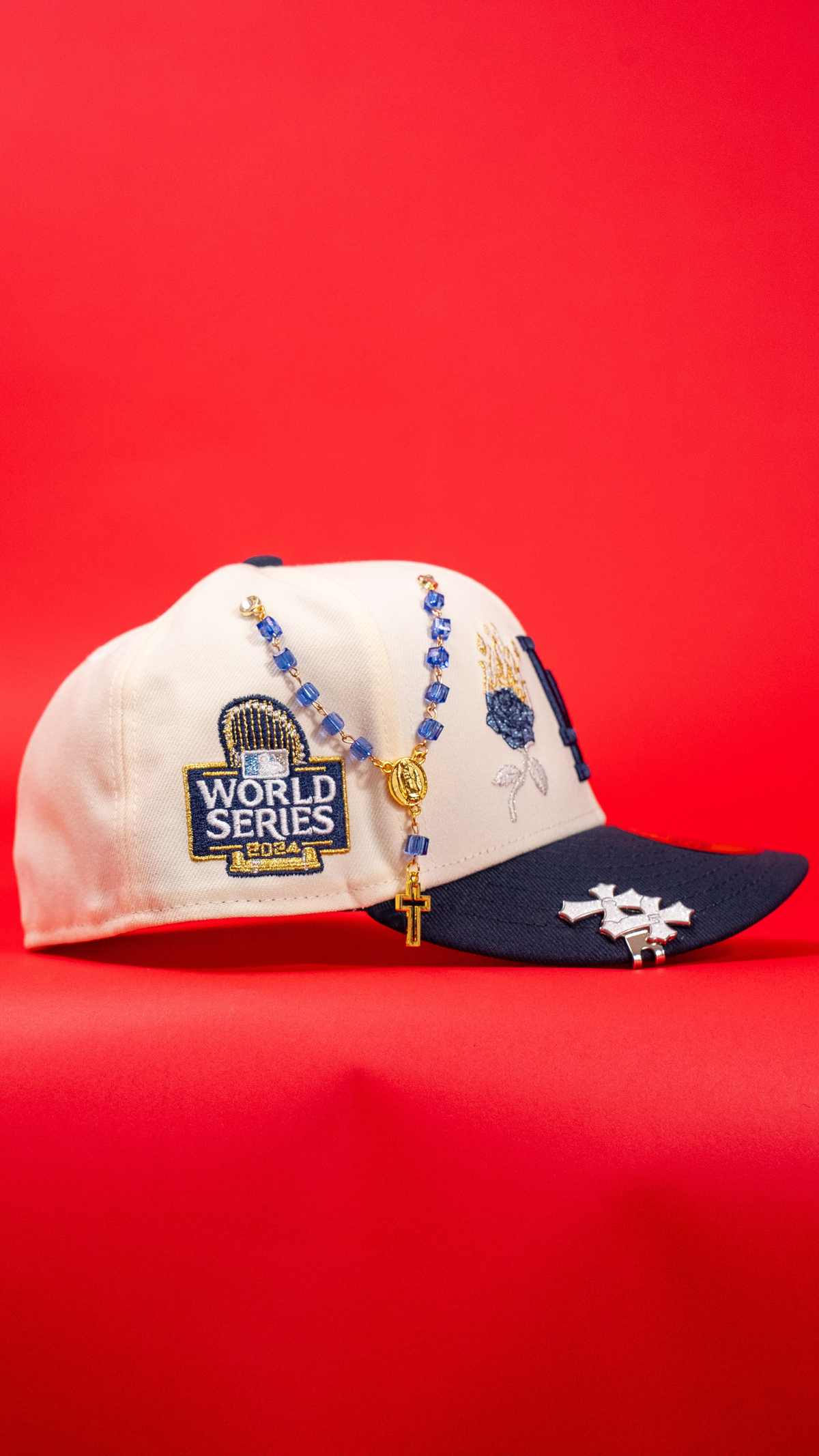 New Era Exclusive 59Fifty Chrome/Navy Los Angeles Dodgers W/ Burnt Roses + 2024 World Series Side Patch