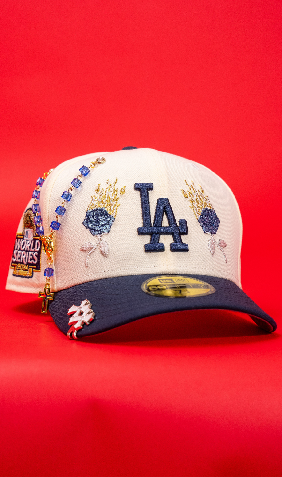 New Era Exclusive 59Fifty Chrome/Navy Los Angeles Dodgers W/ Burnt Roses + 2024 World Series Side Patch