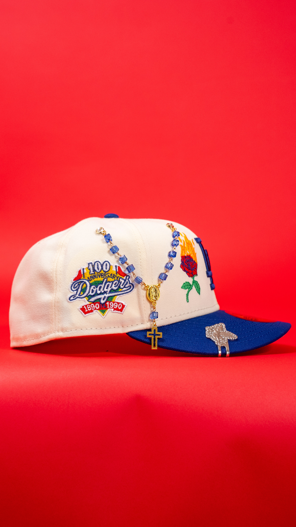 New Era Exclusive 59Fifty Chrome/Blue Los Angeles Dodgers W/ Burnt Roses + 100th Anniversary Side Patch