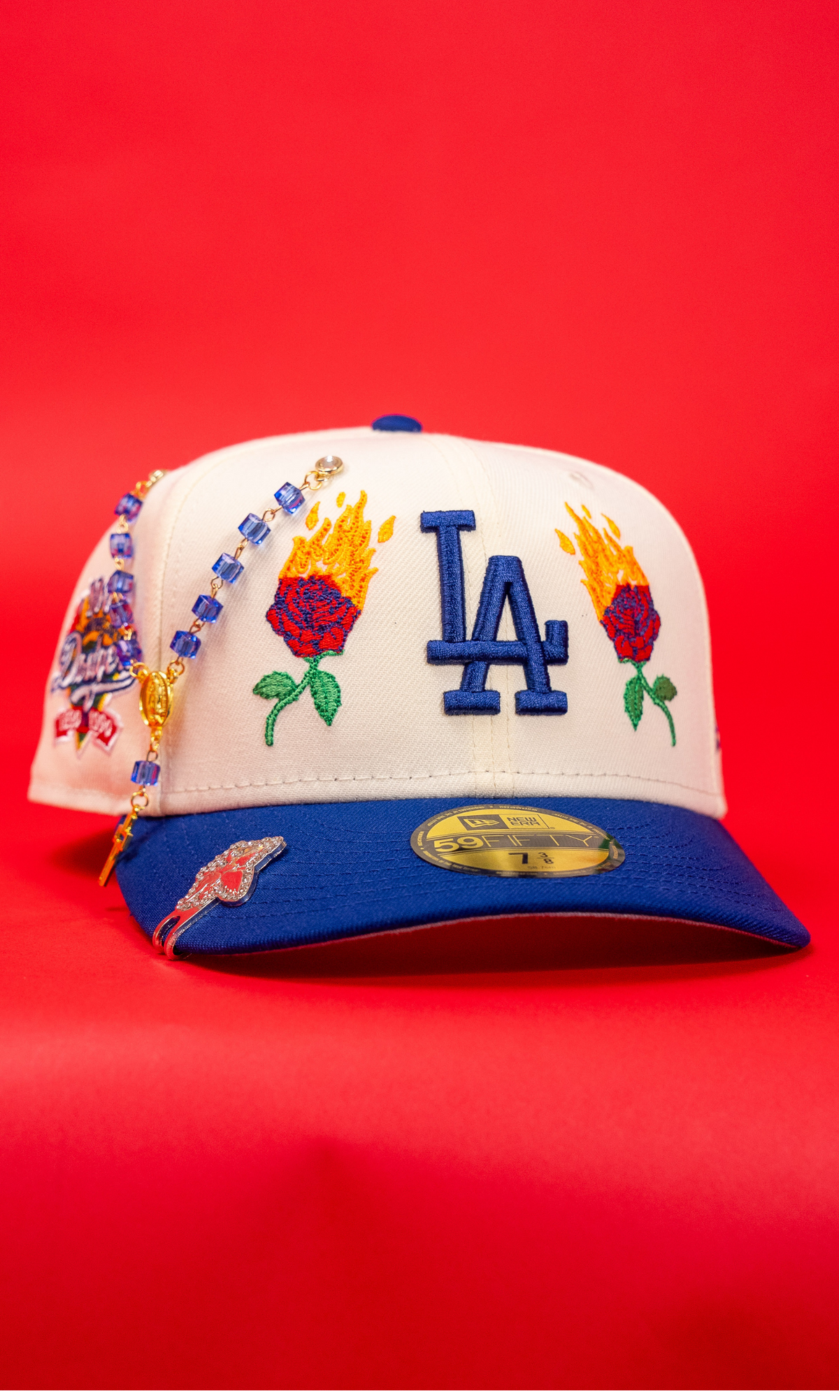 New Era Exclusive 59Fifty Chrome/Blue Los Angeles Dodgers W/ Burnt Roses + 100th Anniversary Side Patch