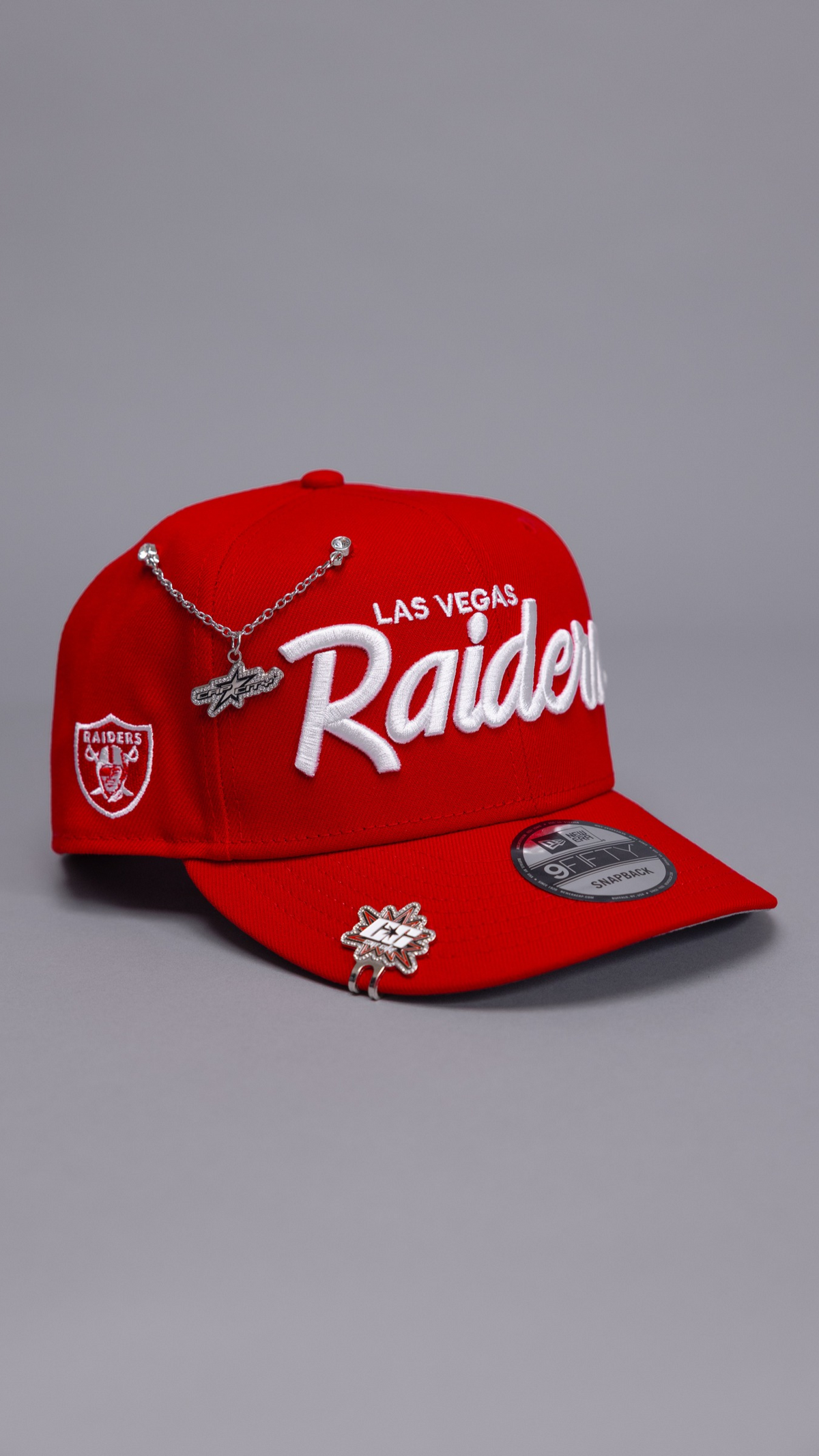 New Era Exclusive 9Fifty Red Las Vegas Raiders Script Snapback W/ Team Logo Side Patch