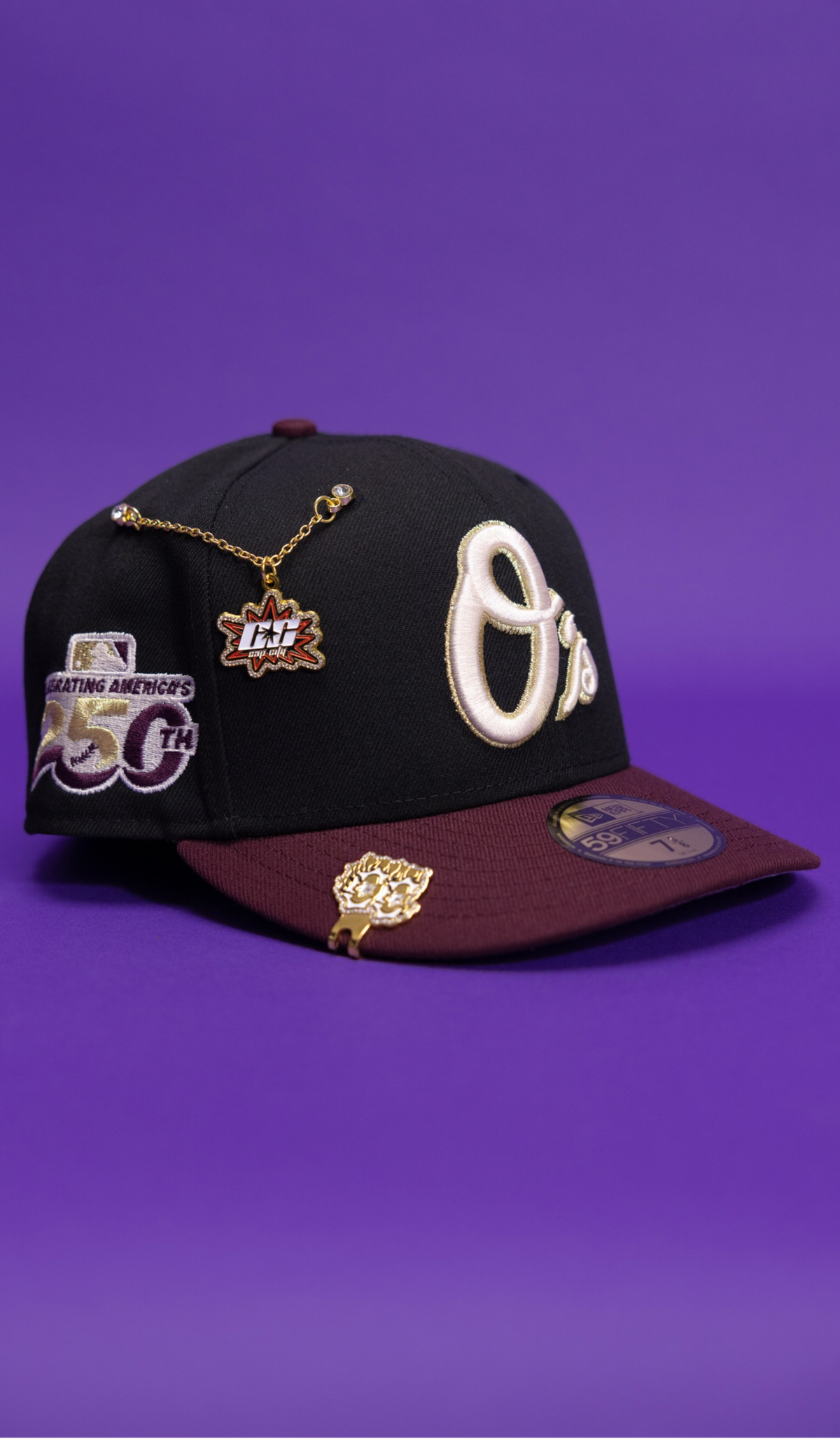 New Era Exclusive 59Fifty Black/Burgundy Baltimore Orioles W/ "Celebrating America's 250th Anniversary" Side Patch