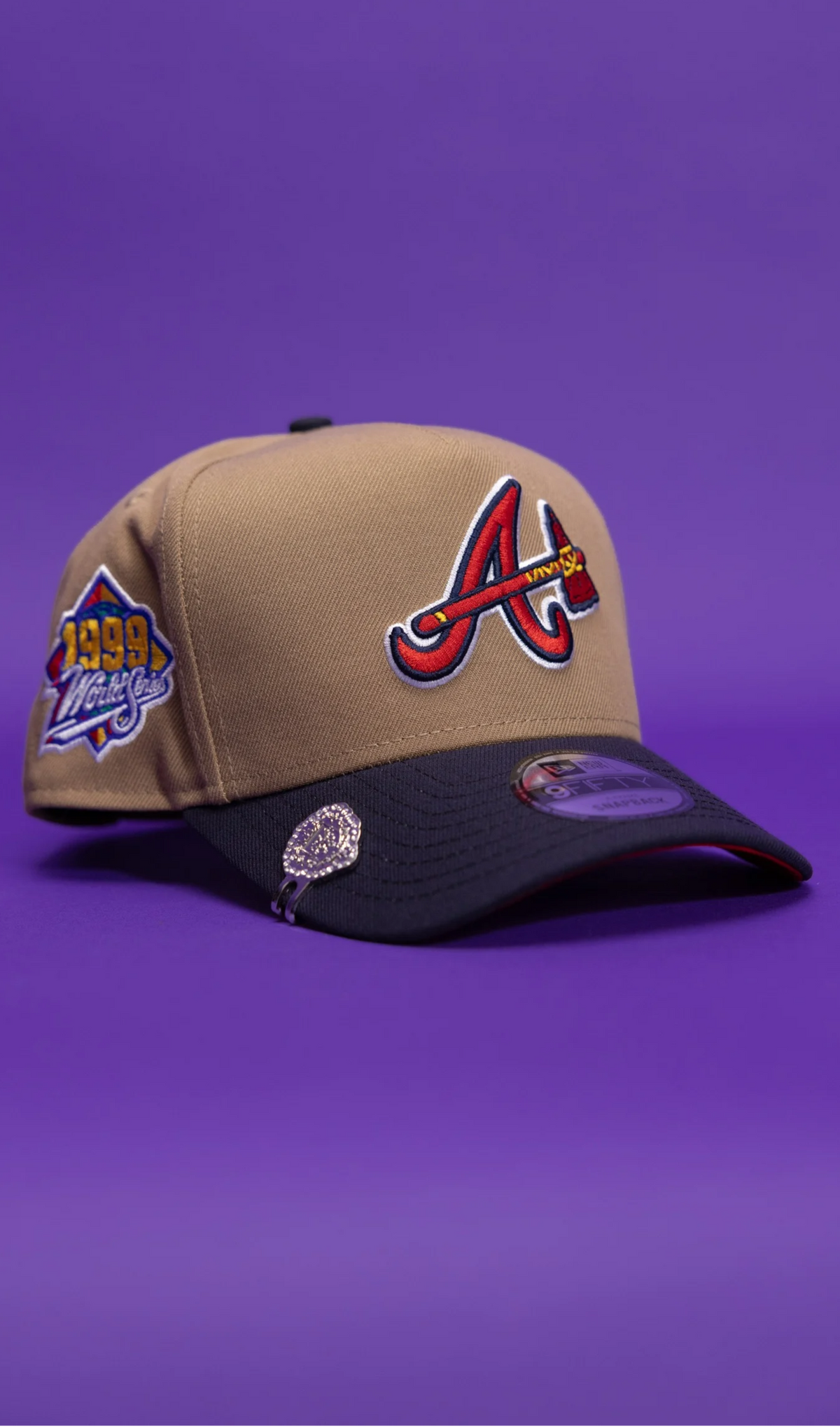 New Era 9Fifty A-Frame Camel/Navy Atlanta Braves Snapback W/ 1999 World Series Side Patch