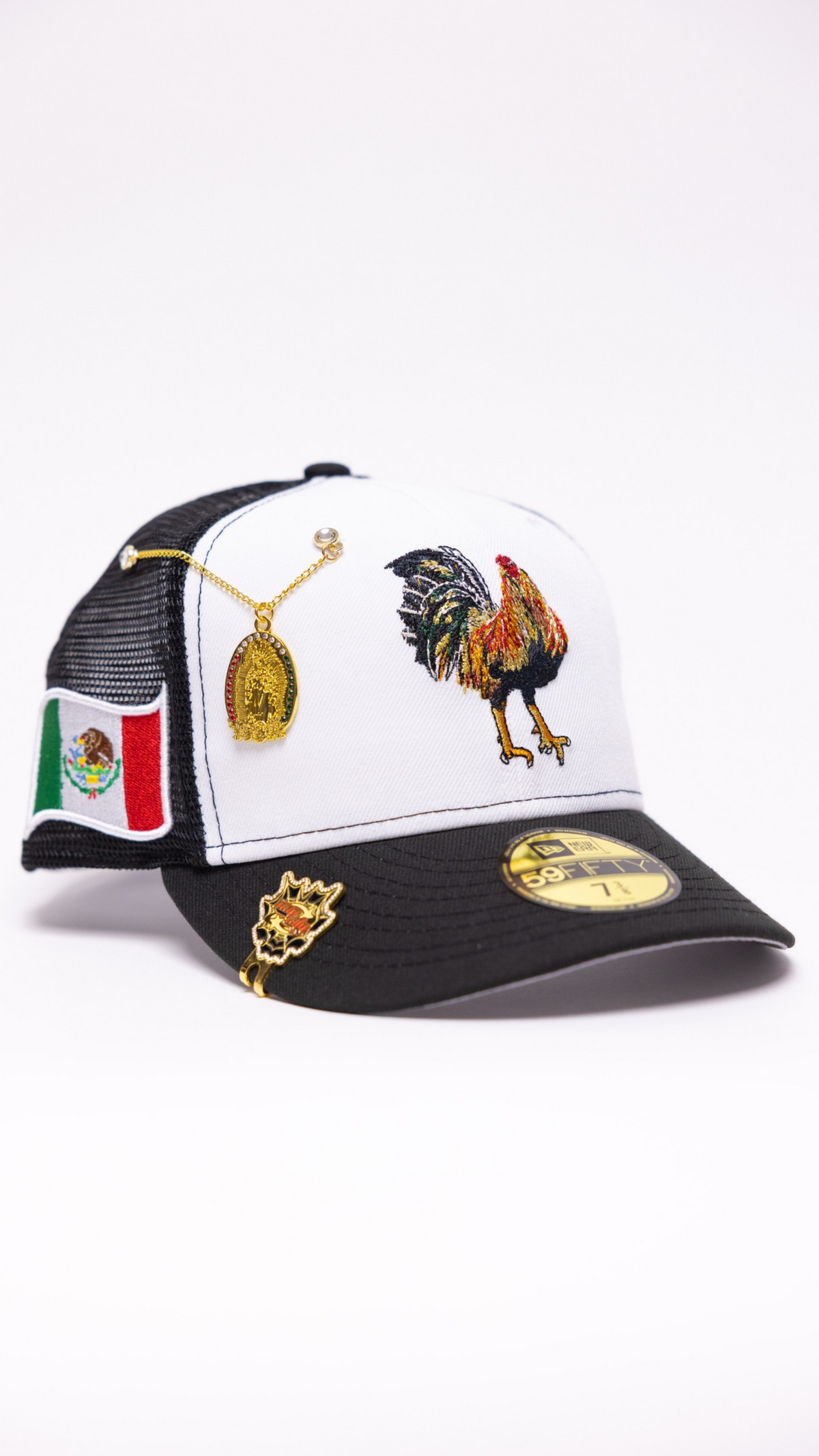 New Era Exclusive 59Fifty Pearl White Mexico "El Gallo" Meshback W/ Mexico Flag Side Patch