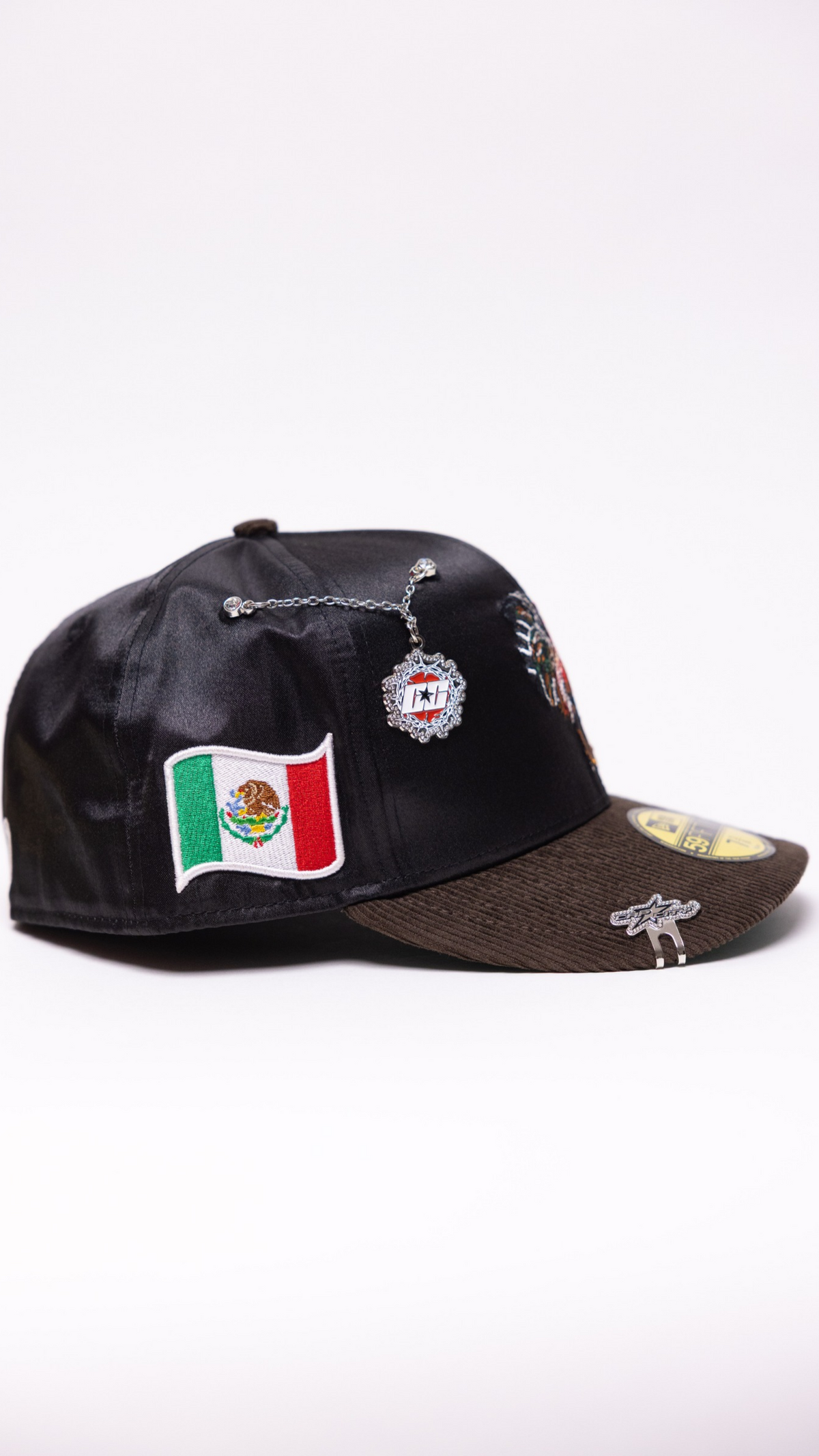 New Era Exclusive 59Fifty Satin/Brown Corduroy Mexico "El Gallo" W/ Mexico Flag Side Patch