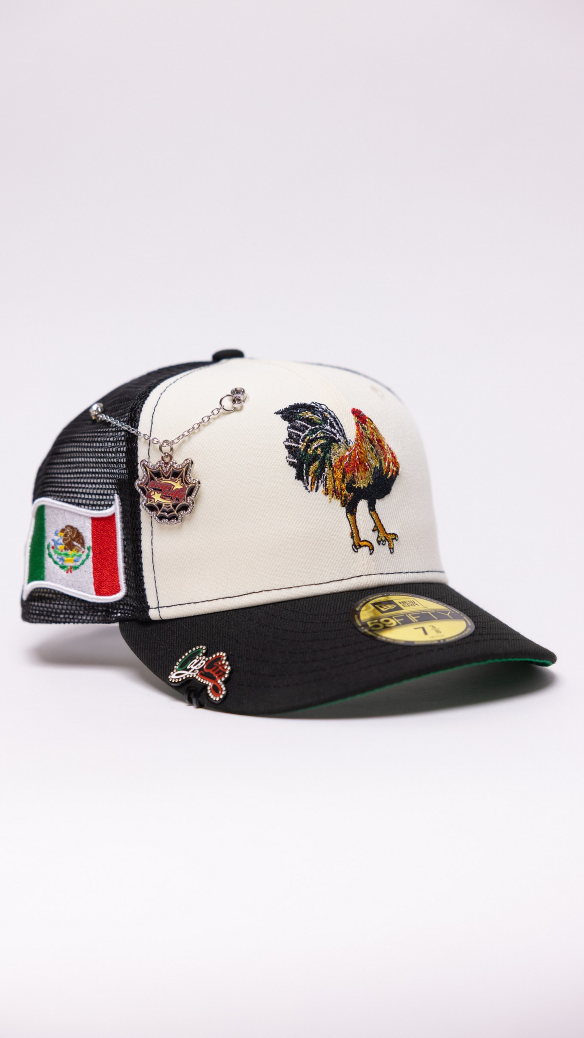 New Era Exclusive 59Fifty Chrome/Black Mexico "El Gallo" Meshback W/ Mexico Flag Side Patch