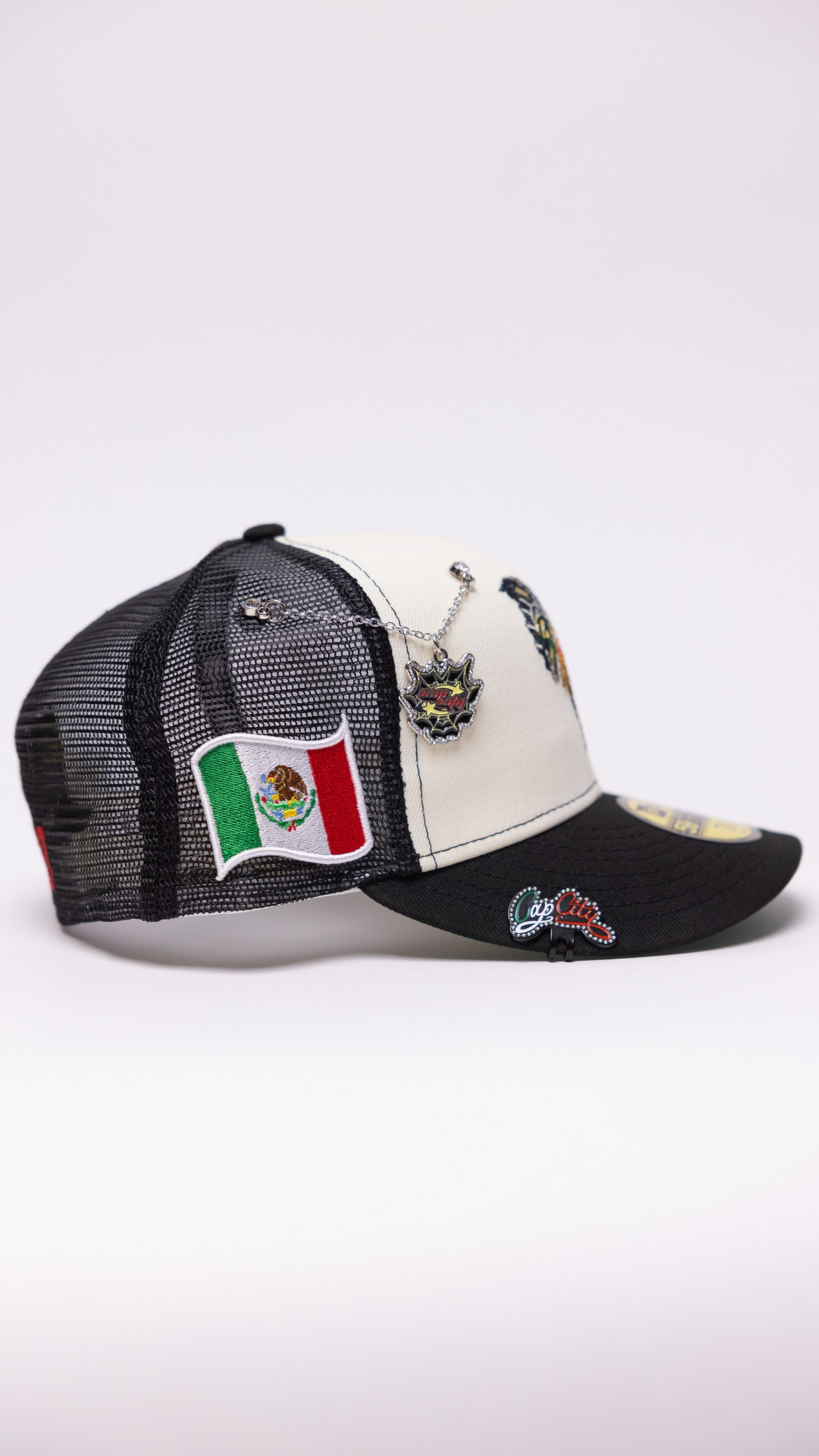 New Era Exclusive 59Fifty Chrome/Black Mexico "El Gallo" Meshback W/ Mexico Flag Side Patch