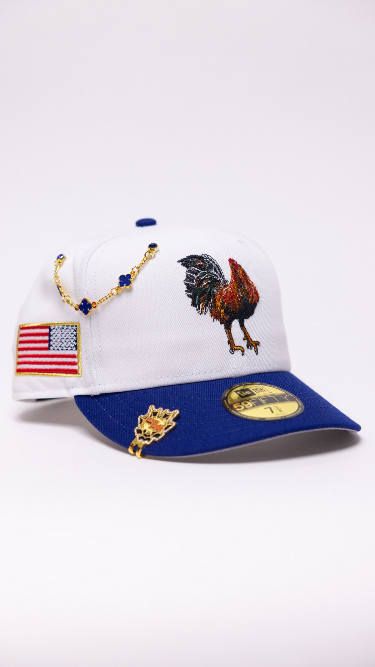 New Era Exclusive 59Fifty Pearl White/Blue Mexico "El Gallo" W/ U.S.A. Flag Side Patch
