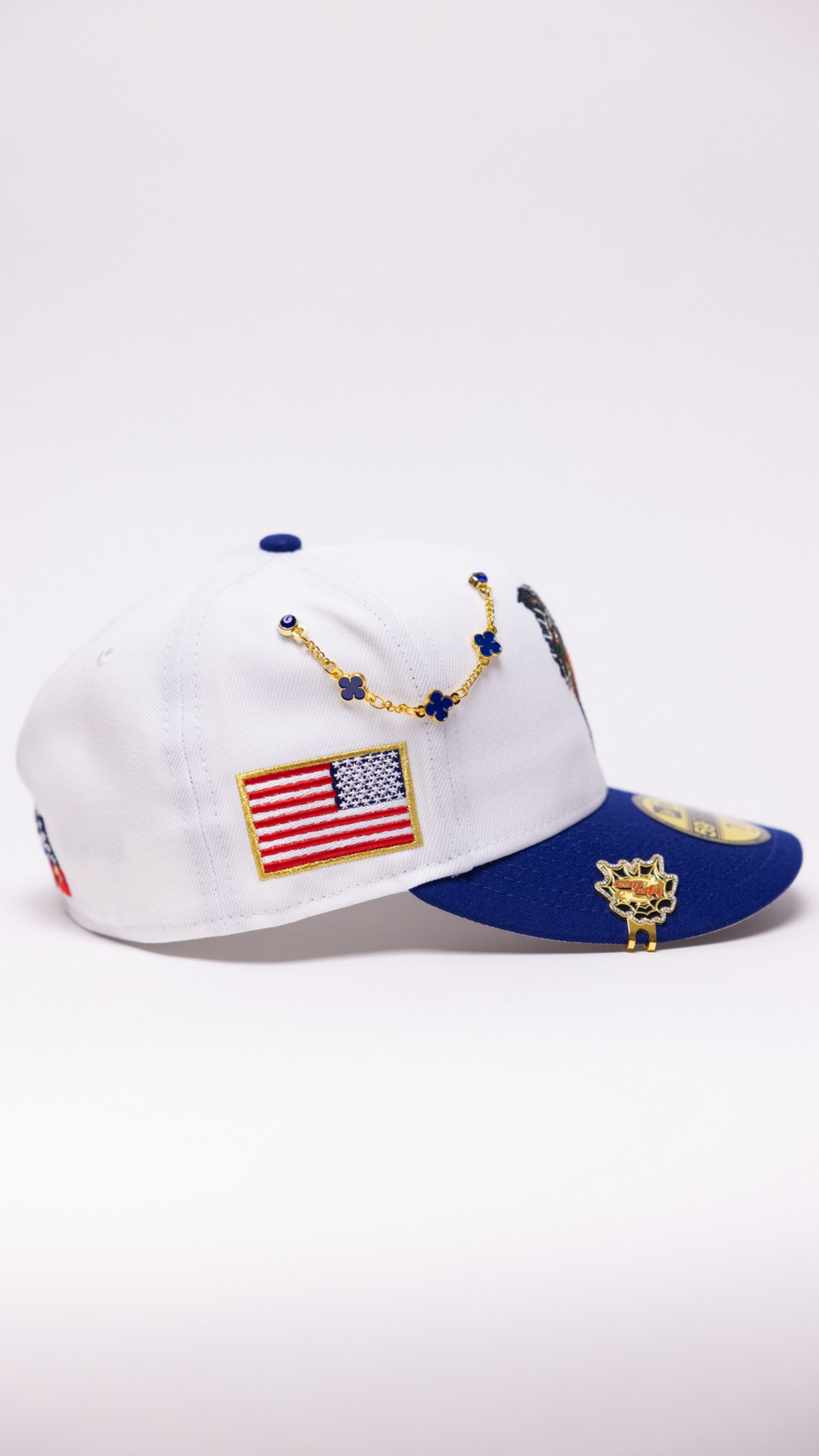 New Era Exclusive 59Fifty Pearl White/Blue Mexico "El Gallo" W/ U.S.A. Flag Side Patch