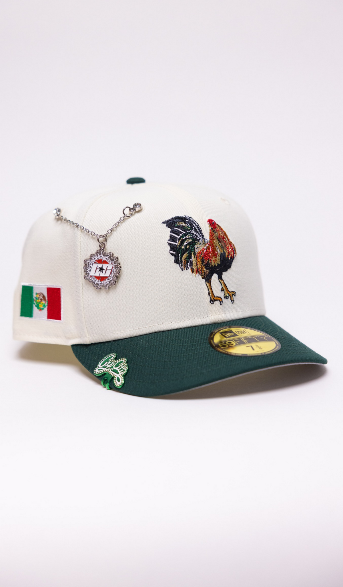 New Era Exclusive 59Fifty Chrome/Forest Green Mexico "El Gallo" W/ Mexico Flag Side Patch