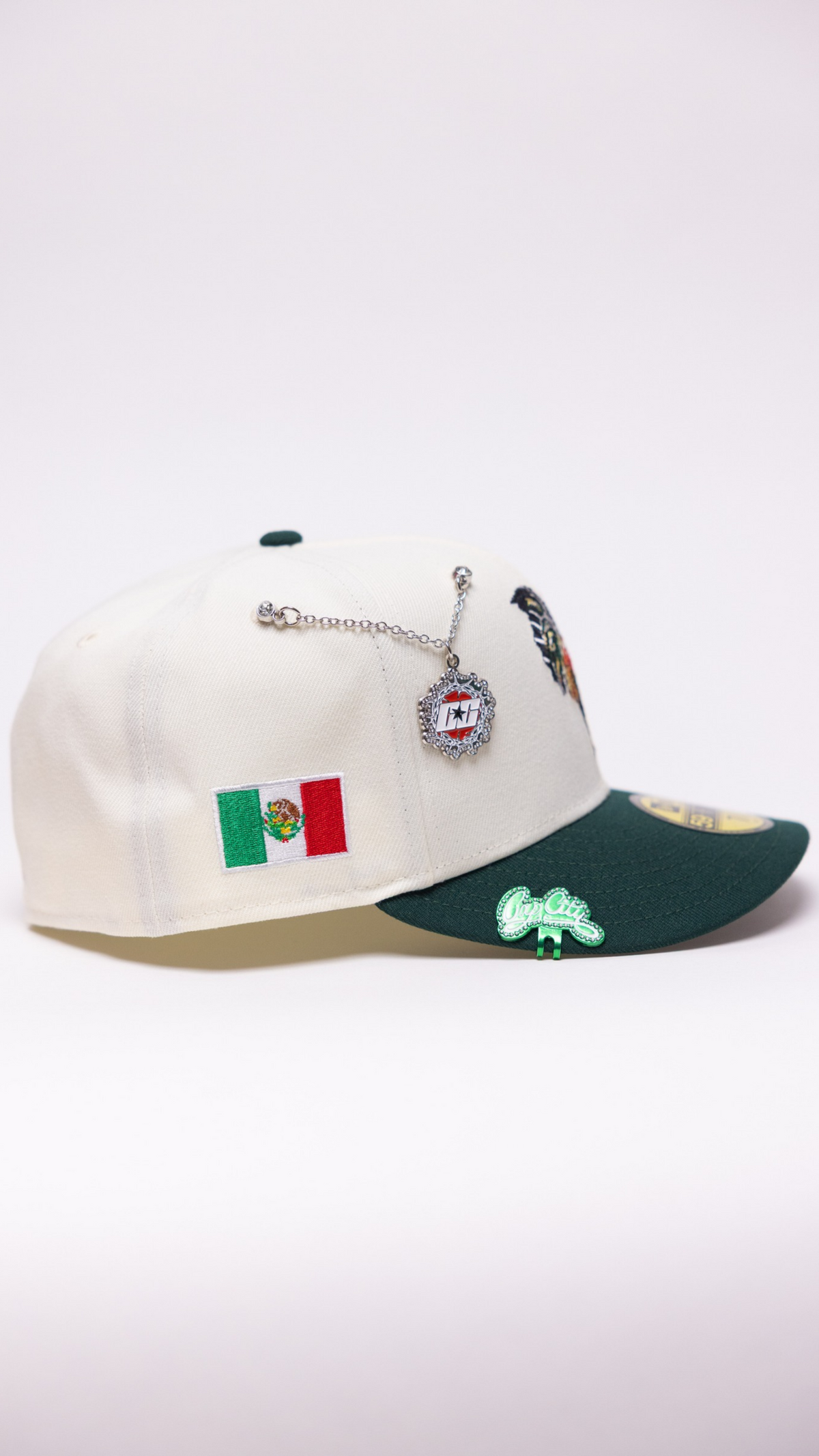 New Era Exclusive 59Fifty Chrome/Forest Green Mexico "El Gallo" W/ Mexico Flag Side Patch