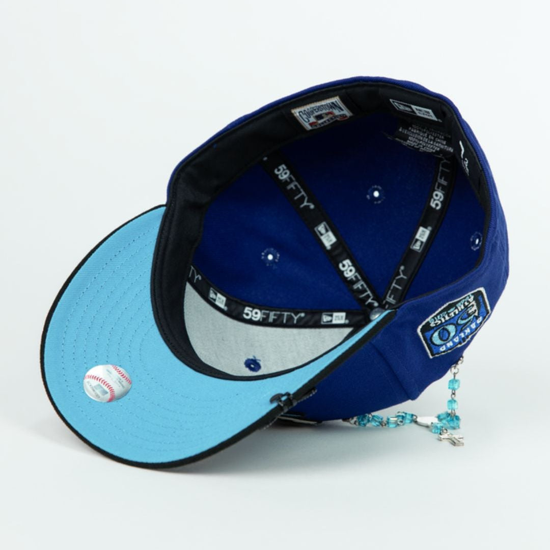 NEW ERA EXCLUSIVE 59FIFTY DARK BLUE/ BLACK OAKLAND ATHLETICS W/ 50TH ANNIVERSARY SIDE PATCH