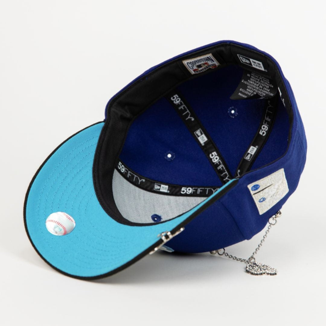 NEW ERA EXCLUSIVE 59FIFTY DARK BLUE/ BLACK CHICAGO CUBS W/ "BE ALERT FOR FOUL BALLS" SIDE PATCH