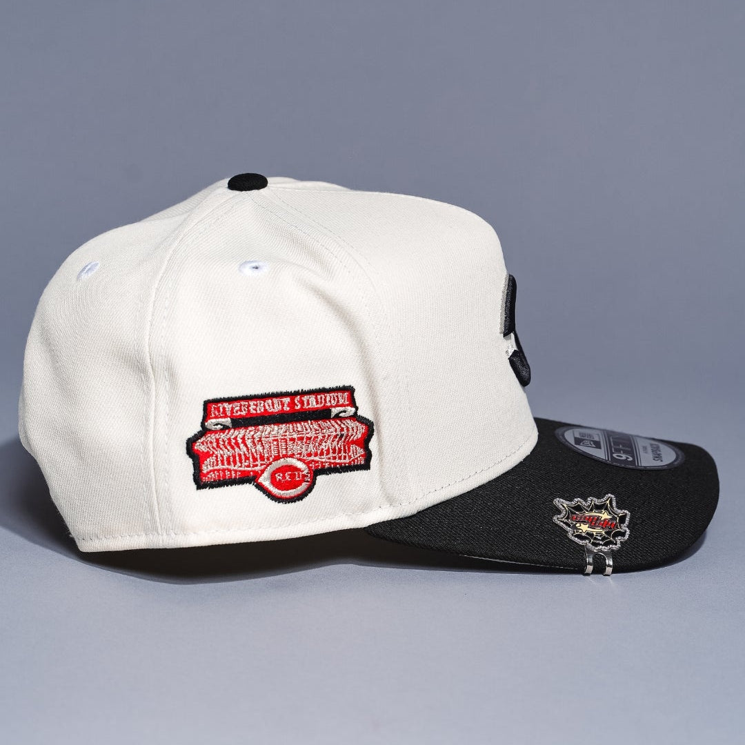NEW ERA 9FIFTY A-FRAME CHROME/BLACK UPSIDE DOWN CINCINNATI REDS SNAPBACK W/ STADIUM SIDE PATCH