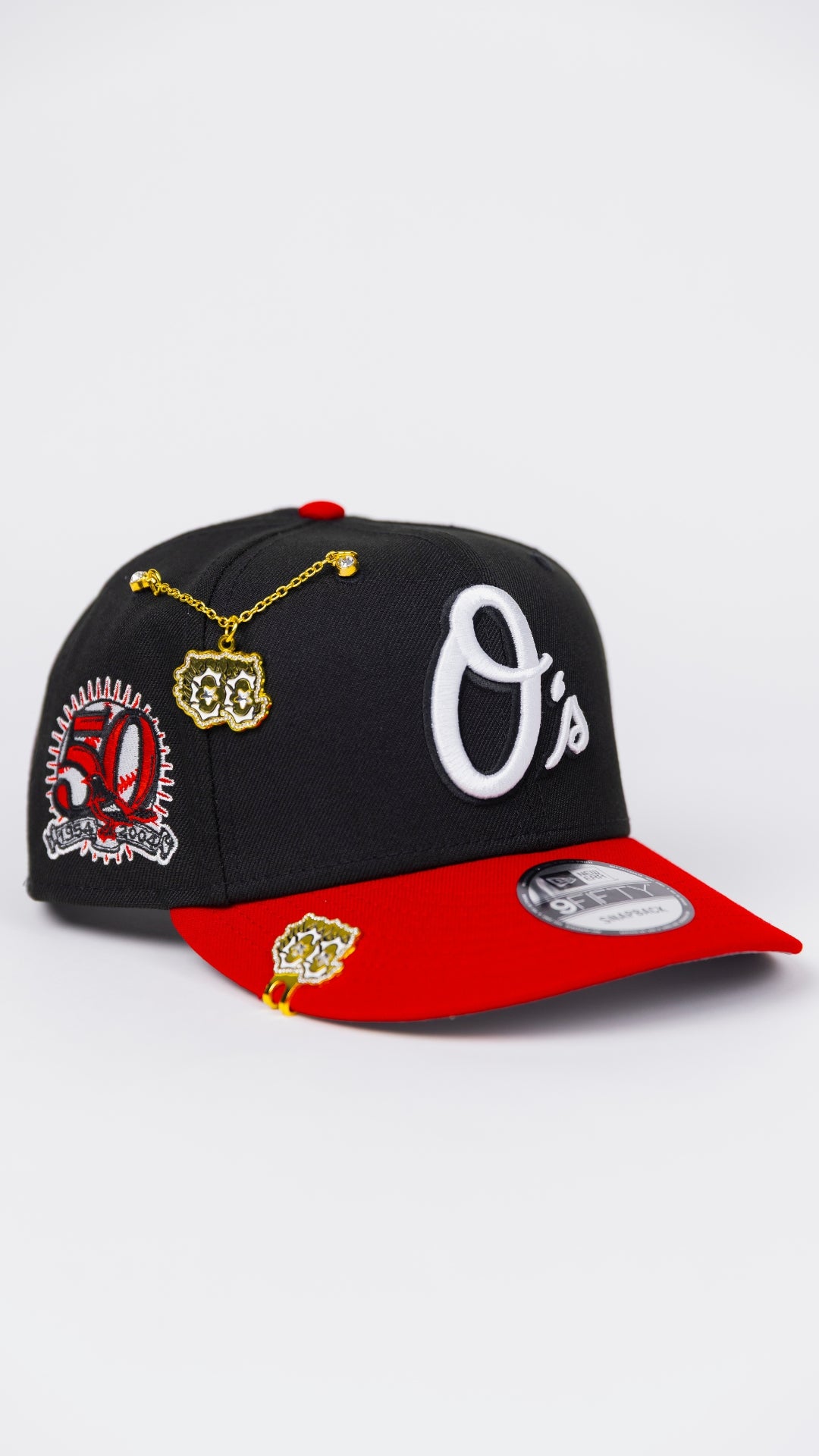 NEW ERA EXCLUSIVE 9FIFTY BLACK/ RED BALTIMORE ORIOLES SNAPBACK W/ 50TH ANNIVERSARY PATCH