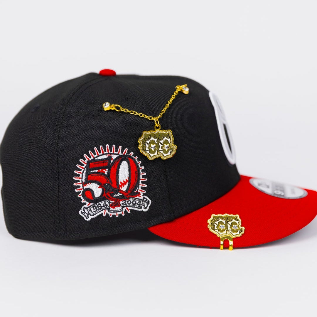 NEW ERA EXCLUSIVE 9FIFTY BLACK/ RED BALTIMORE ORIOLES SNAPBACK W/ 50TH ANNIVERSARY PATCH
