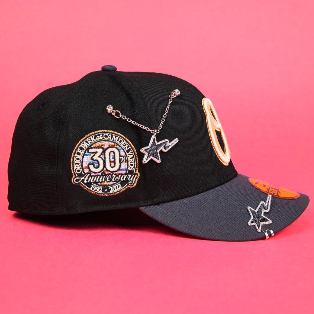 NEW ERA EXCLUSIVE 59FIFTY BLACK/ GREY BALTIMORE ORIOLES W/ 30TH ANNIVERSARY SIDE PATCH