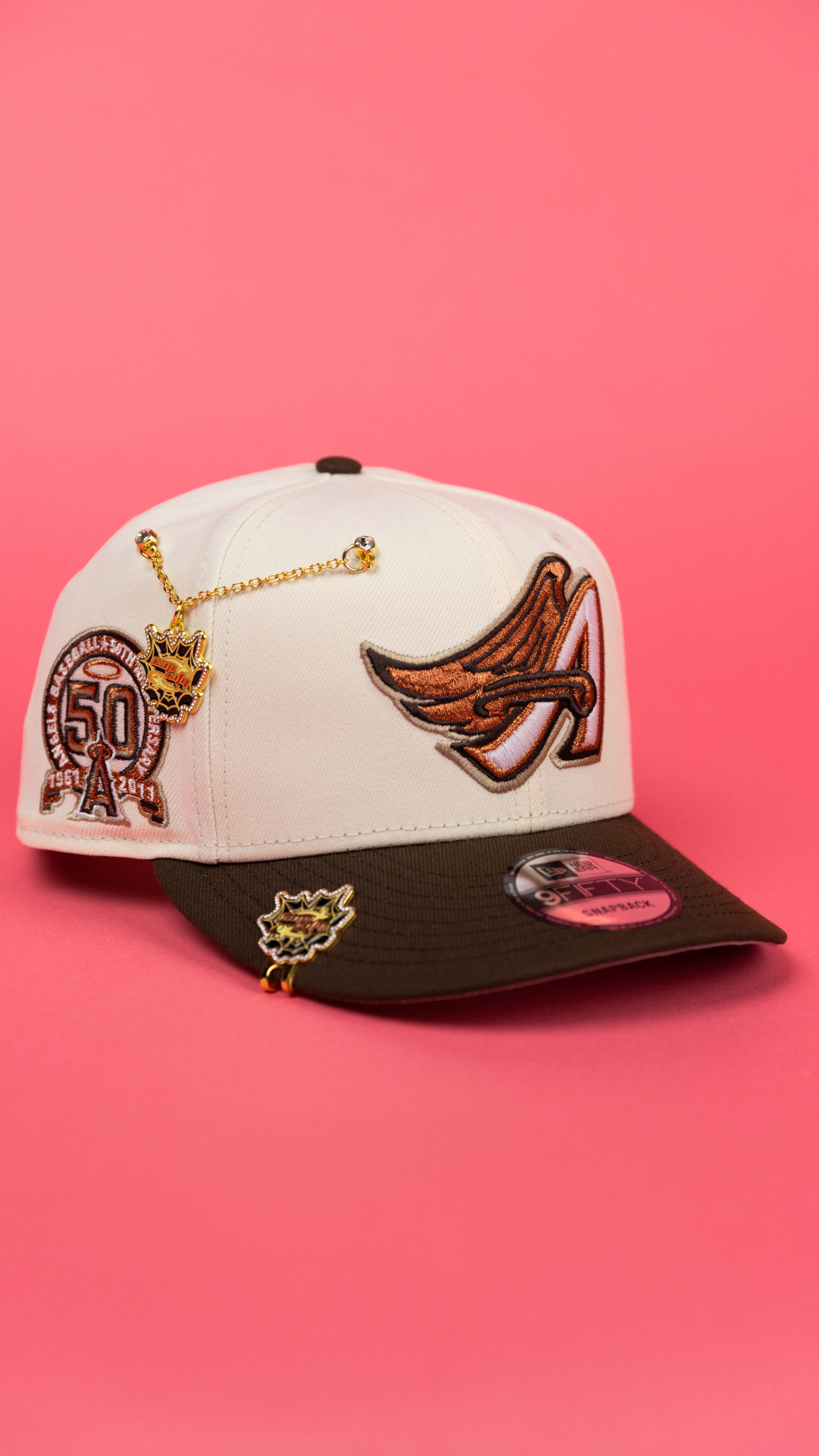 NEW ERA EXCLUSIVE 9FIFTY CHROME/ WALNUT ANAHEIM ANGELS SNAPBACK W/ 50TH ANNIVERSARY SIDE PATCH