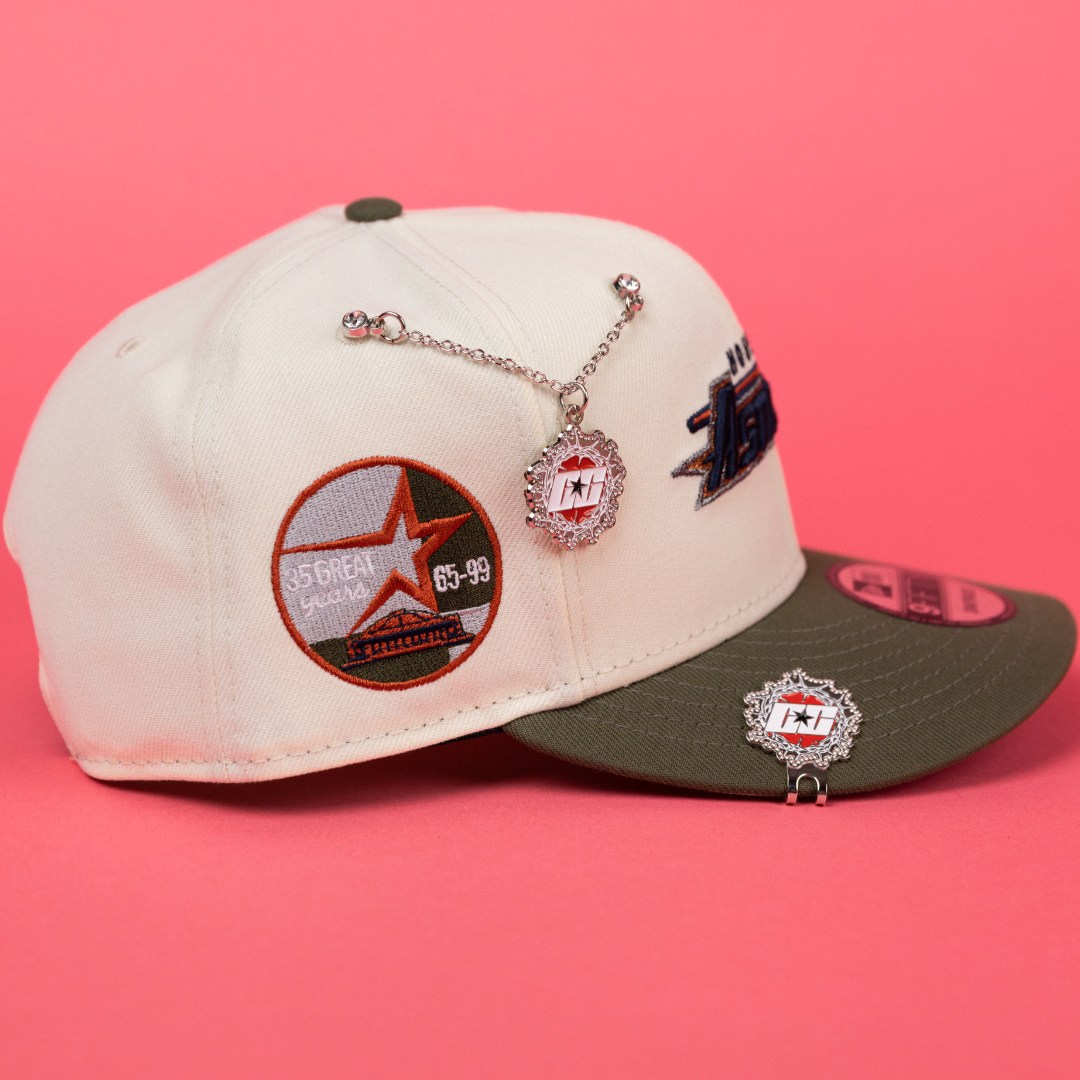 NEW ERA EXCLUSIVE 9FIFTY CHROME/ OLIVE HOUSTON ASTROS SCRIPT SNAPBACK W/ 35 GREAT YEARS SIDE PATCH