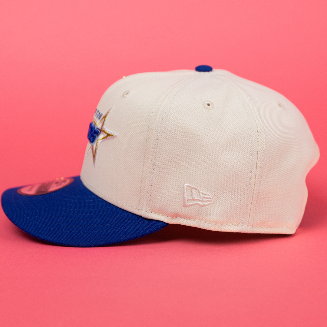 NEW ERA EXCLUSIVE 9FIFTY CHROME/ BLUE HOUSTON ASTROS SCRIPT SNAPBACK W/ ASTRODOME SIDE PATCH
