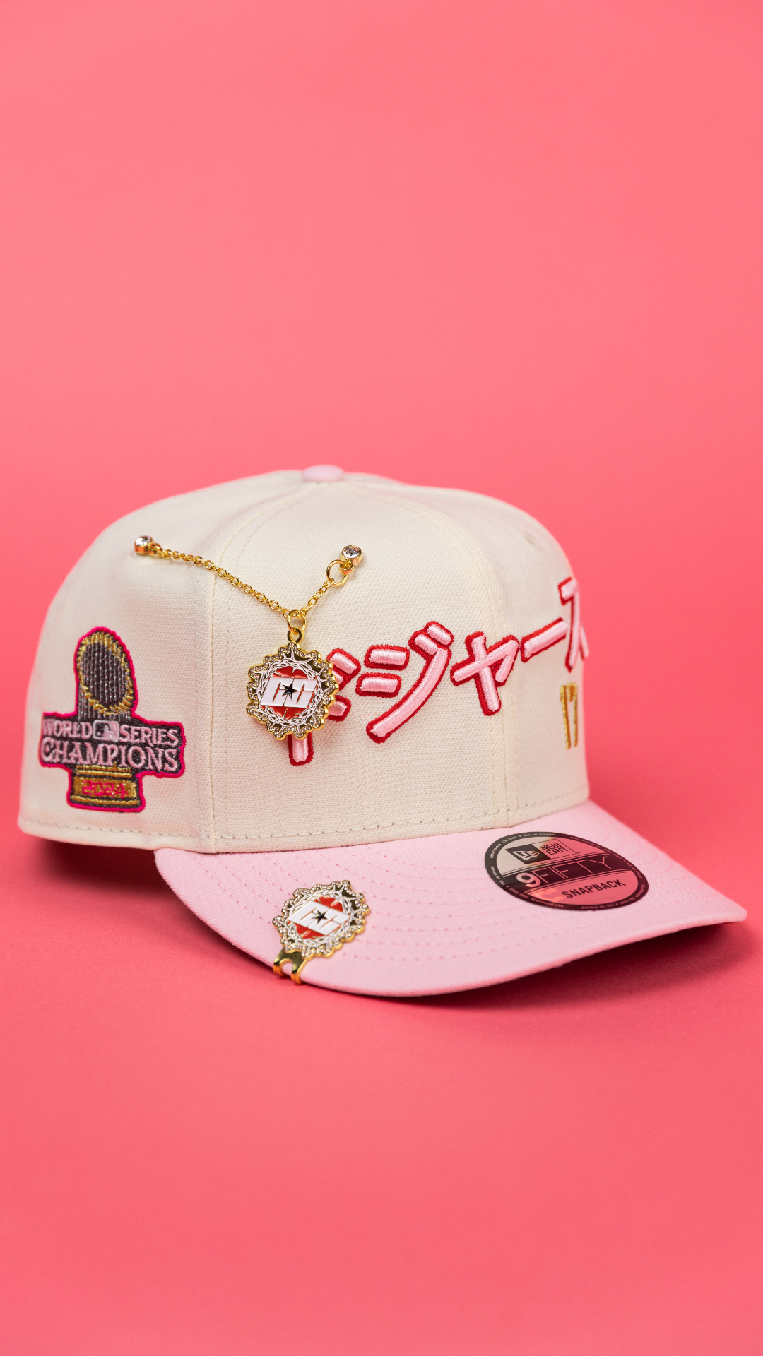 NEW ERA EXCLUSIVE 9FIFTY CHROME/ PINK LOS ANGELES DODGERS "JAPANESE SCRIPT" SNAPBACK W/ 2024 CHAMPIONS SIDE PATCH
