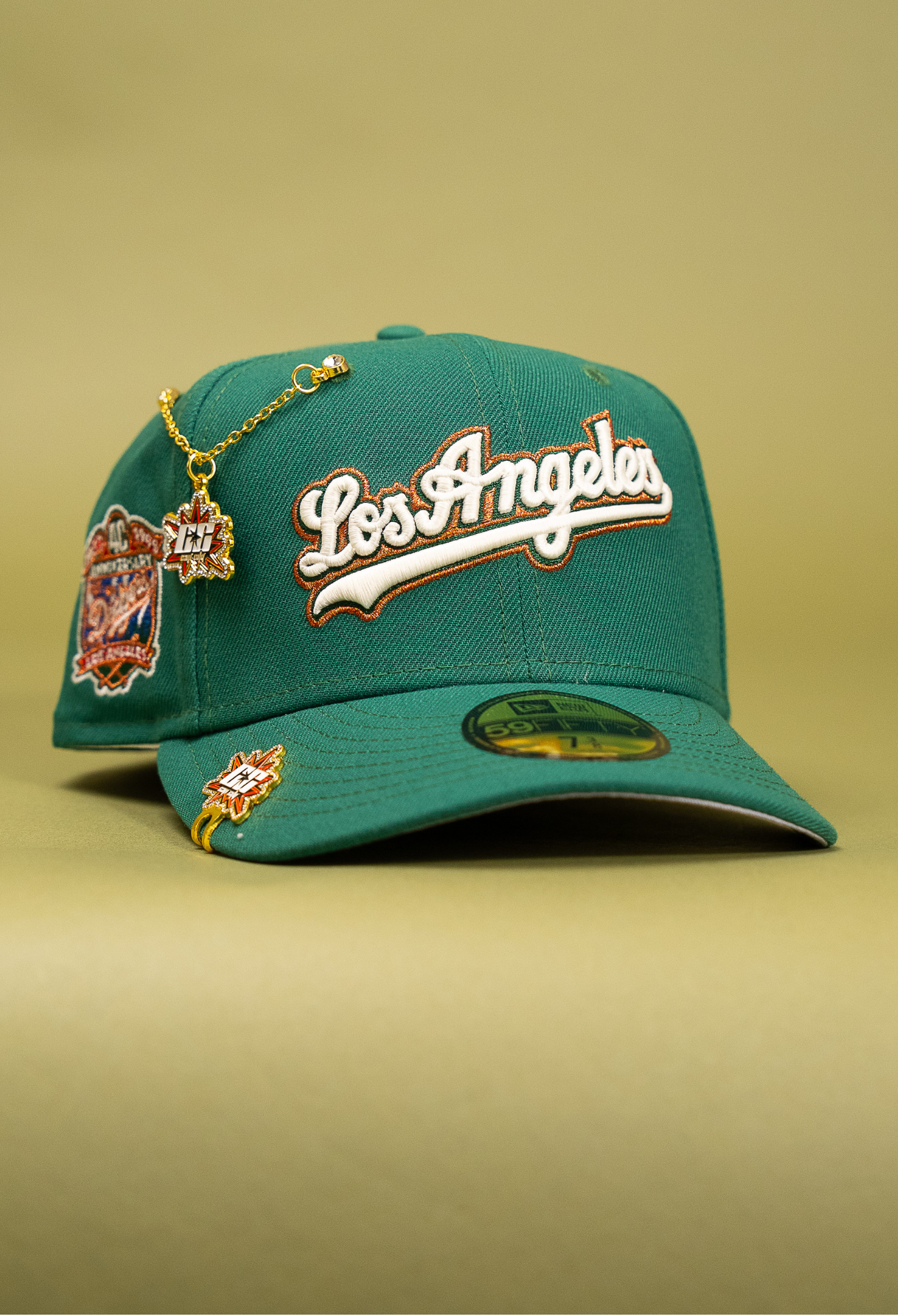 New Era Exclusive 59Fifty Pine Green Los Angeles Dodgers Script W/ 40th Anniversary Side Patch