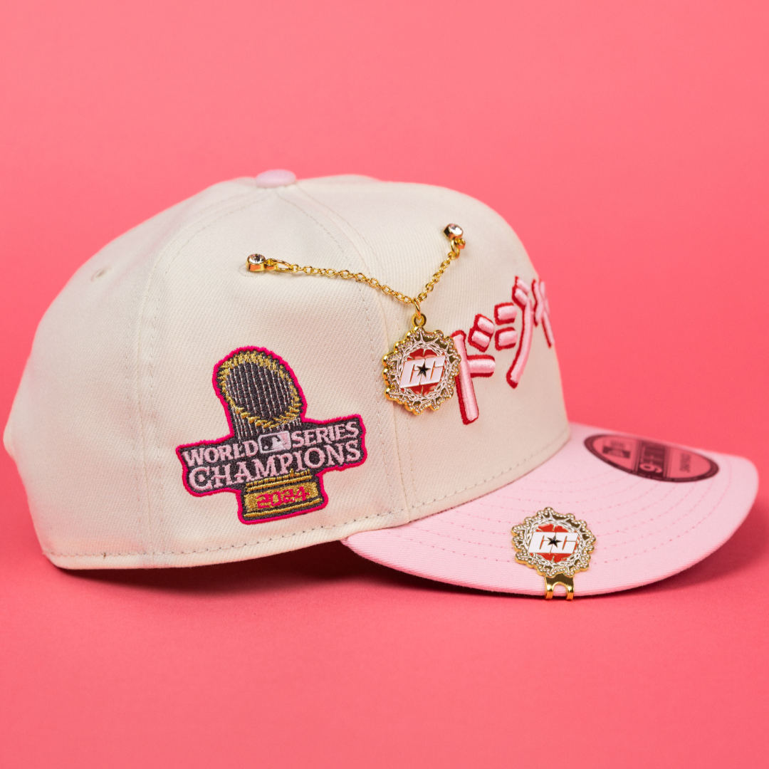 NEW ERA EXCLUSIVE 9FIFTY CHROME/ PINK LOS ANGELES DODGERS "JAPANESE SCRIPT" SNAPBACK W/ 2024 CHAMPIONS SIDE PATCH