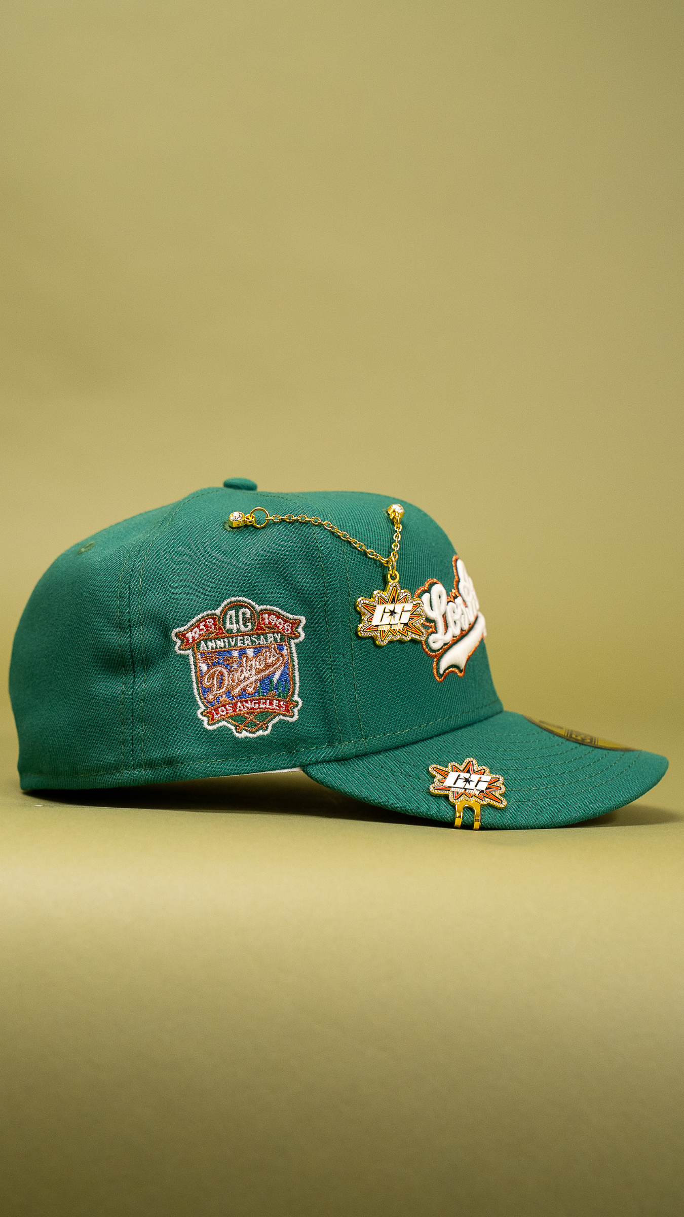 New Era Exclusive 59Fifty Pine Green Los Angeles Dodgers Script W/ 40th Anniversary Side Patch